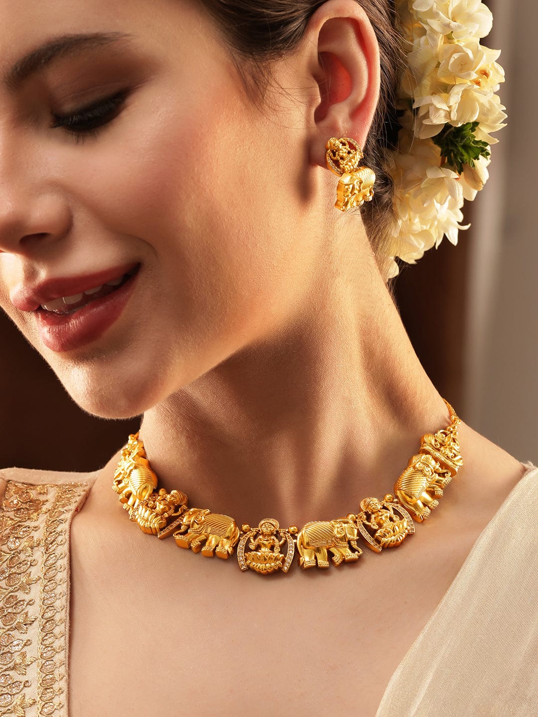 Traditional Temple Necklace Set with Elephant Motifs