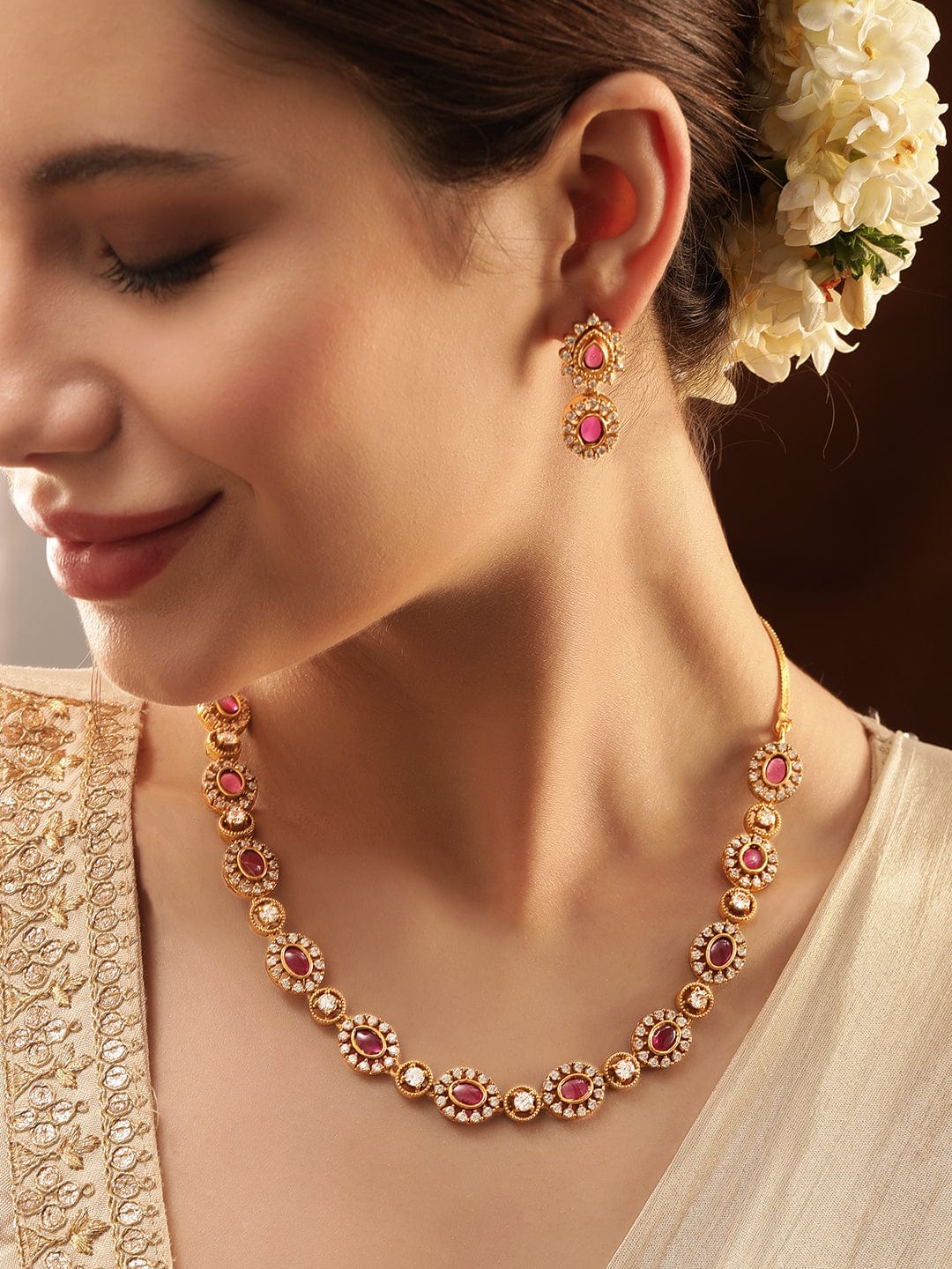 Pink American Diamond Zirconia Necklace Set