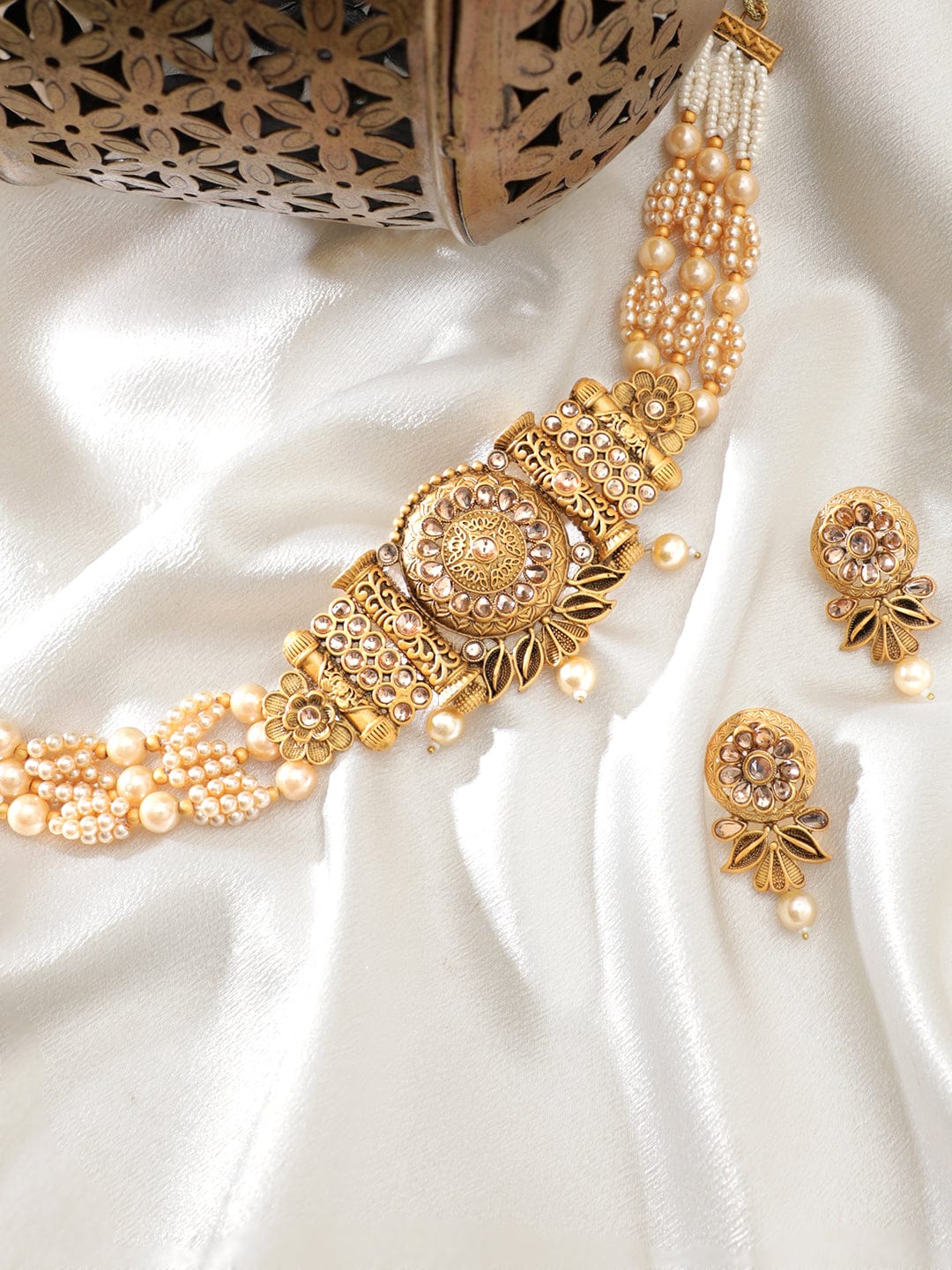 Pearl Beaded Floral Golden Choker Set