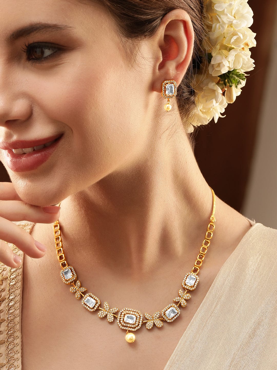 Gold American Diamond Zirconia Cubic Necklace Set