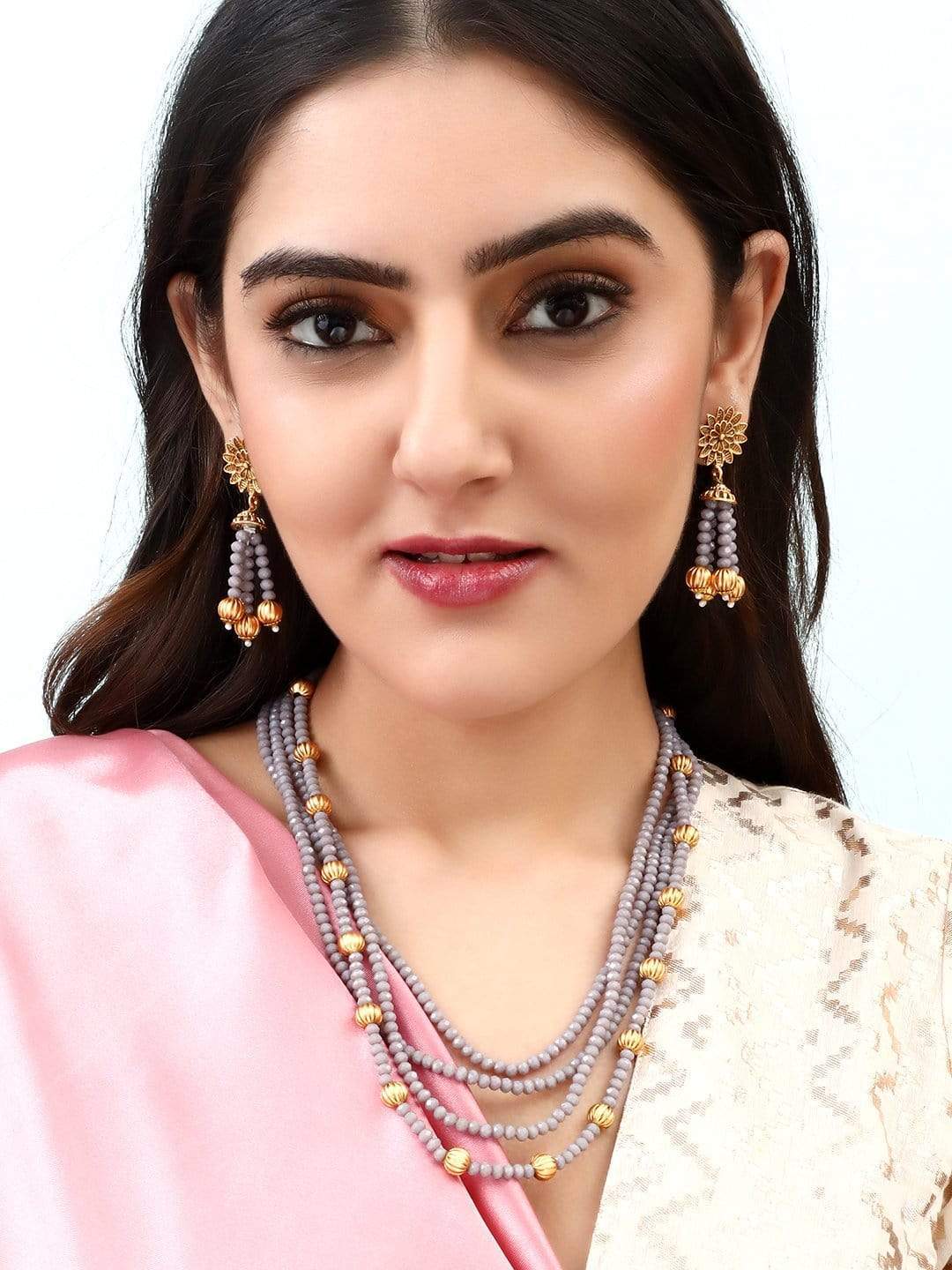 Wentra Gold Plated Crystal Beads Embellished Statement Necklace Set