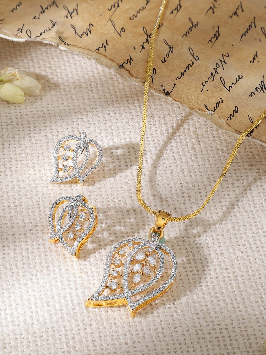 American Diamond Zirconia Leaf Motif Necklace Set