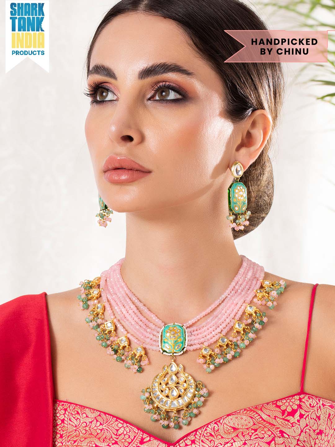 Wentra Gold Plated Handcrafted Enamel & Kundan Pink Beads Necklace Set