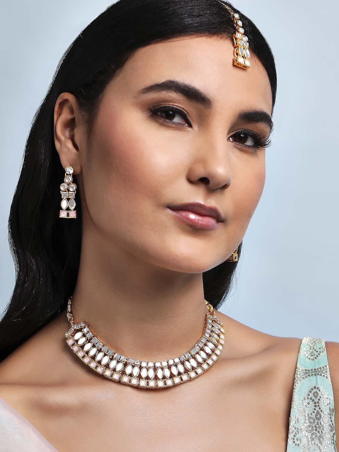 Wentra Gold Plated Necklace Set With Studded Mirror Design And Pink Stones