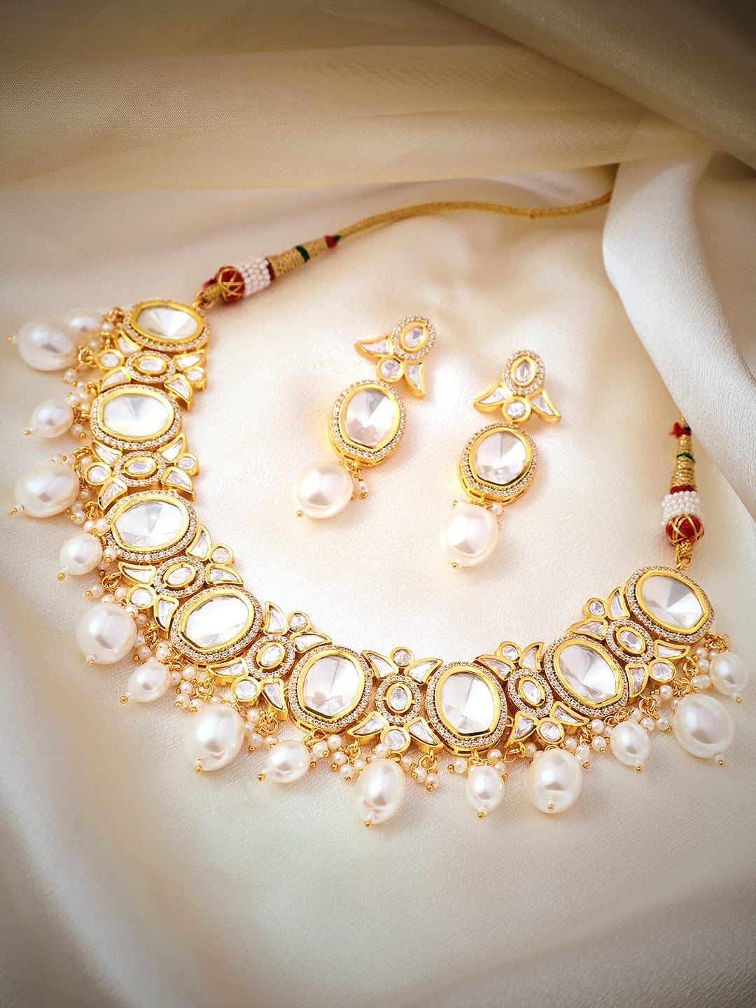 Wentra Gold Plated Polki Necklace Set with Pearl