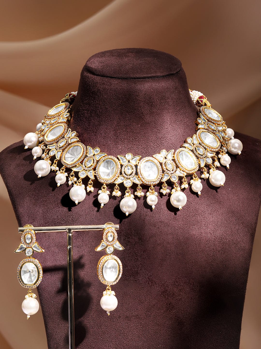Wentra Gold Plated Polki Necklace Set with Pearl
