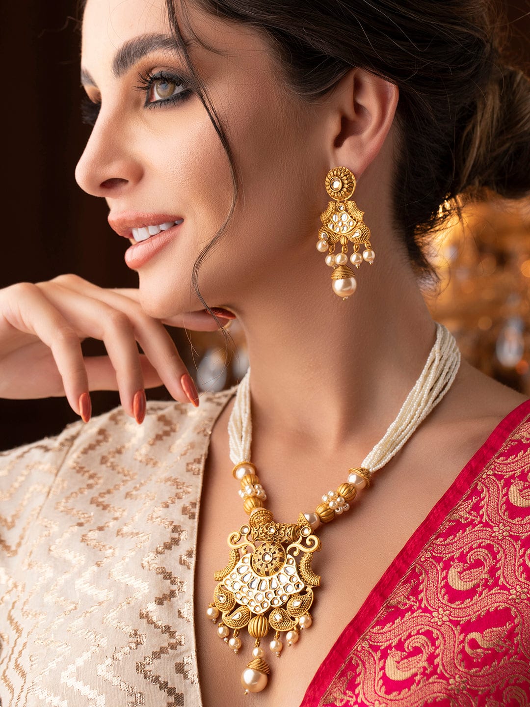 Wentra 22K Gold-Plated White Kundan & Pearl Studded and Beaded Multi-Strand Necklace Set