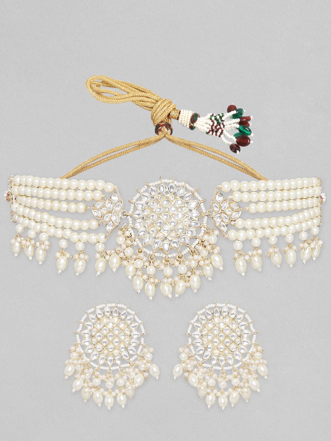 Wentra Gold Toned Kundan Studded Choker Set With Pearl Hangings.