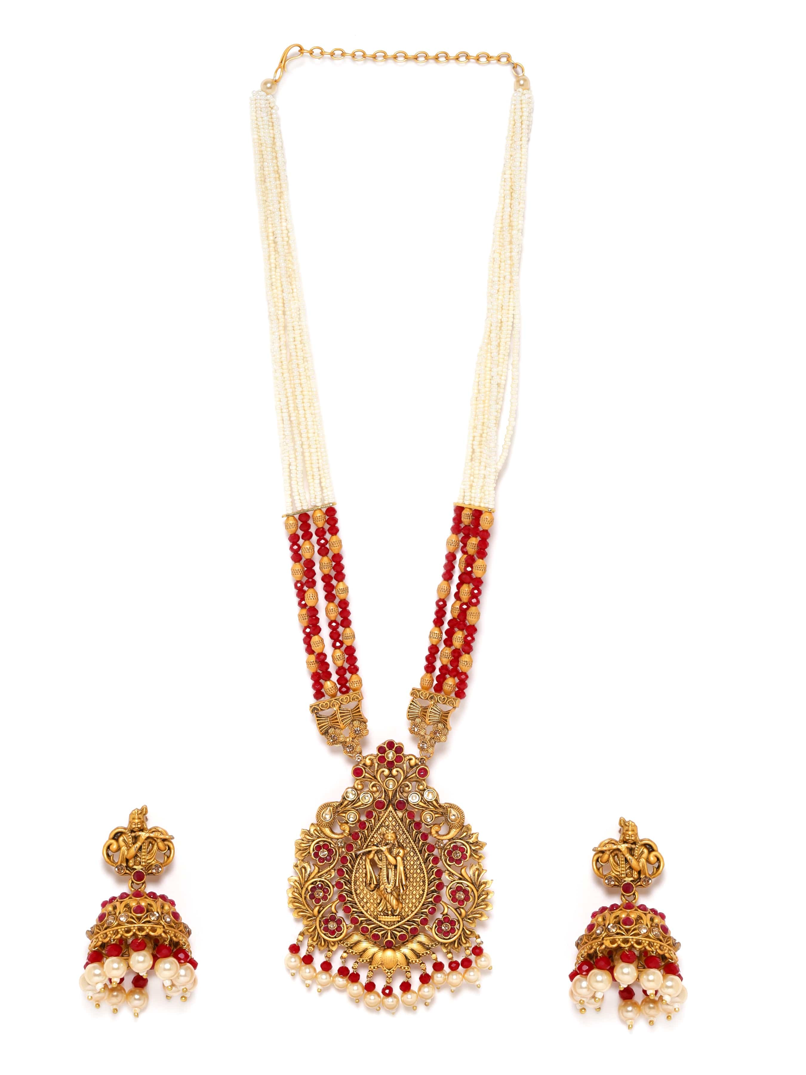 Lord Shri Krisha Majestic Temple Red Necklace Set