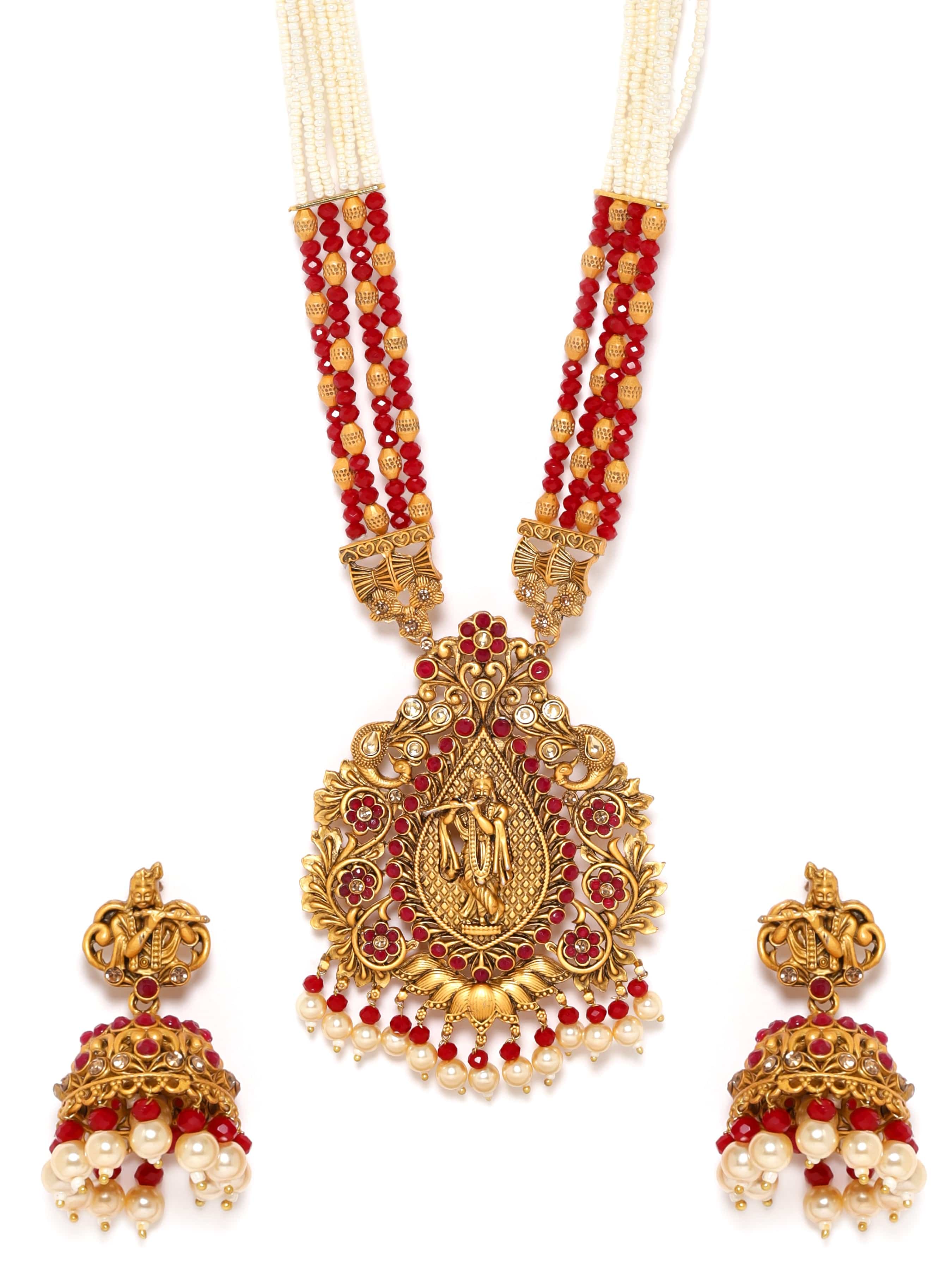 Lord Shri Krisha Majestic Temple Red Necklace Set