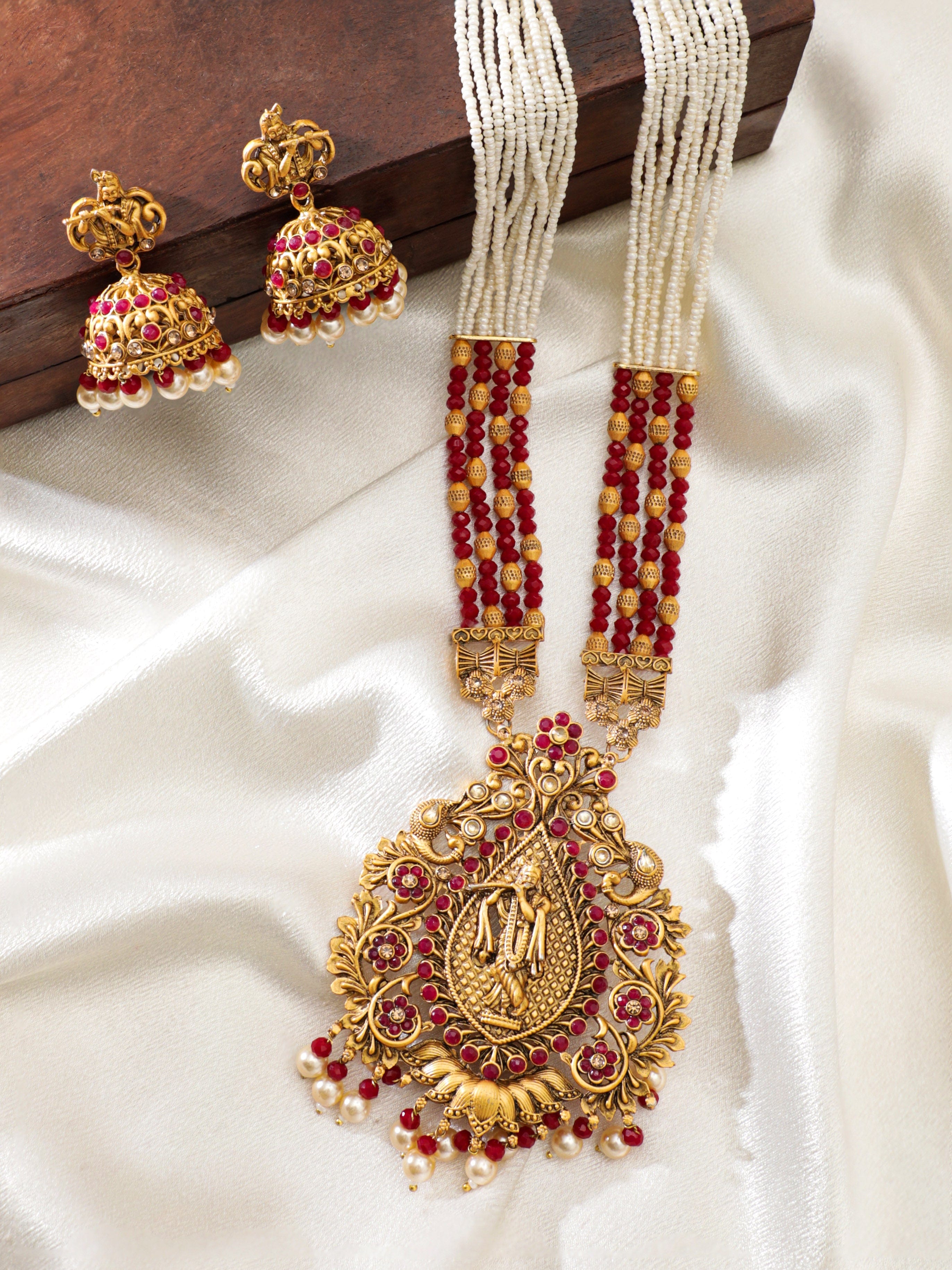 Lord Shri Krisha Majestic Temple Red Necklace Set