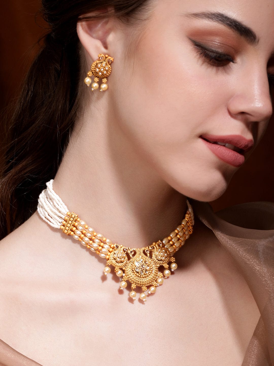 Pearl Beaded Golden Necklace Set