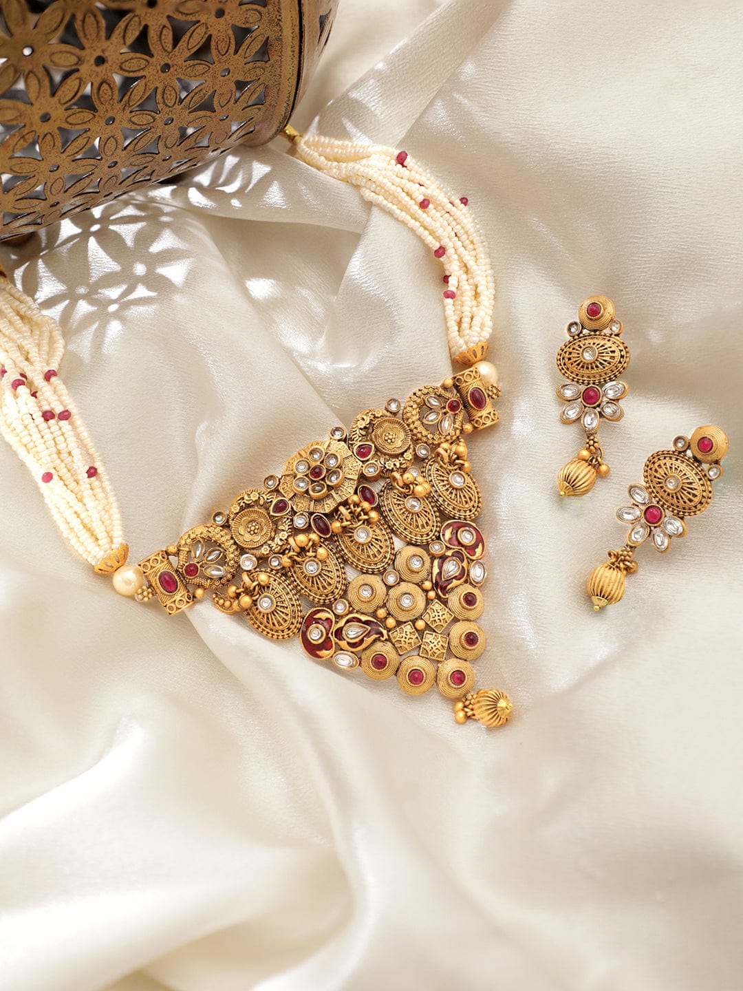 Golden Floral Pearl Beaded Choker Set