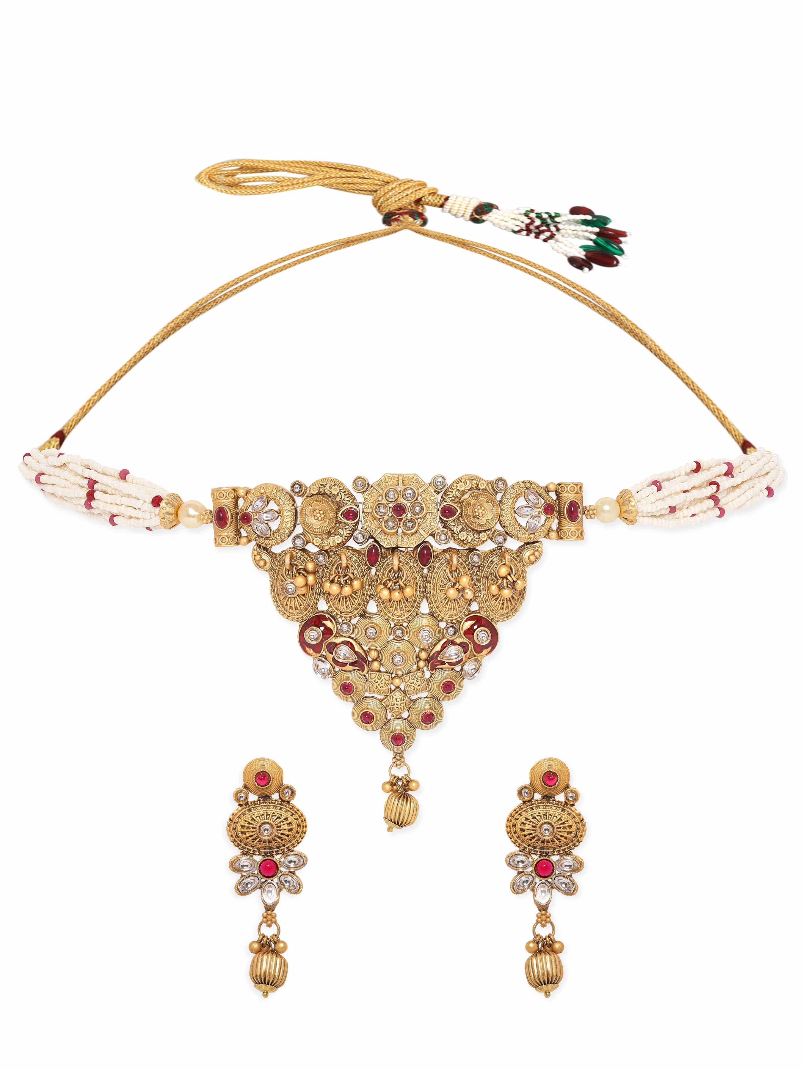 Golden Floral Pearl Beaded Choker Set