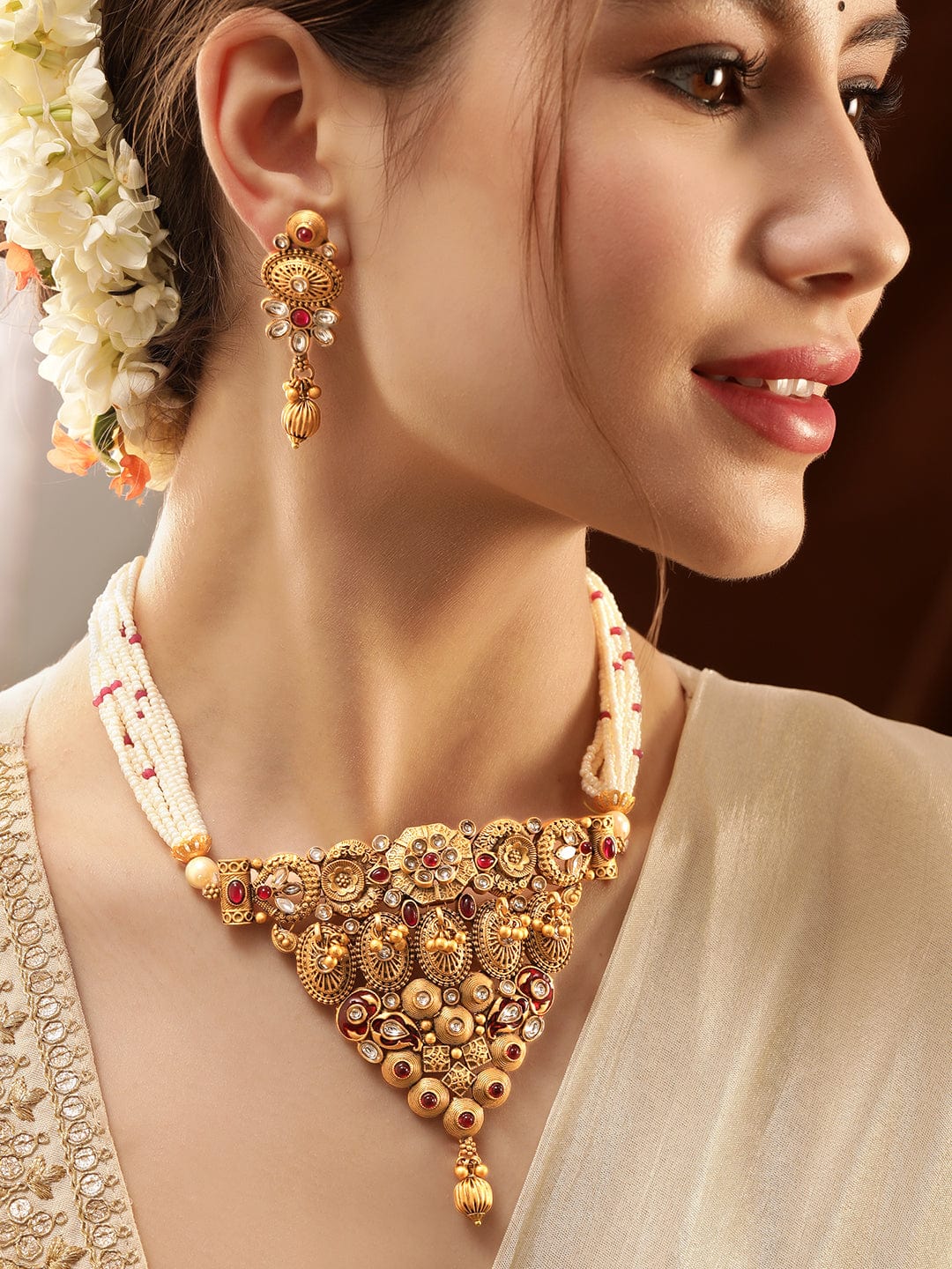 Golden Floral Pearl Beaded Choker Set