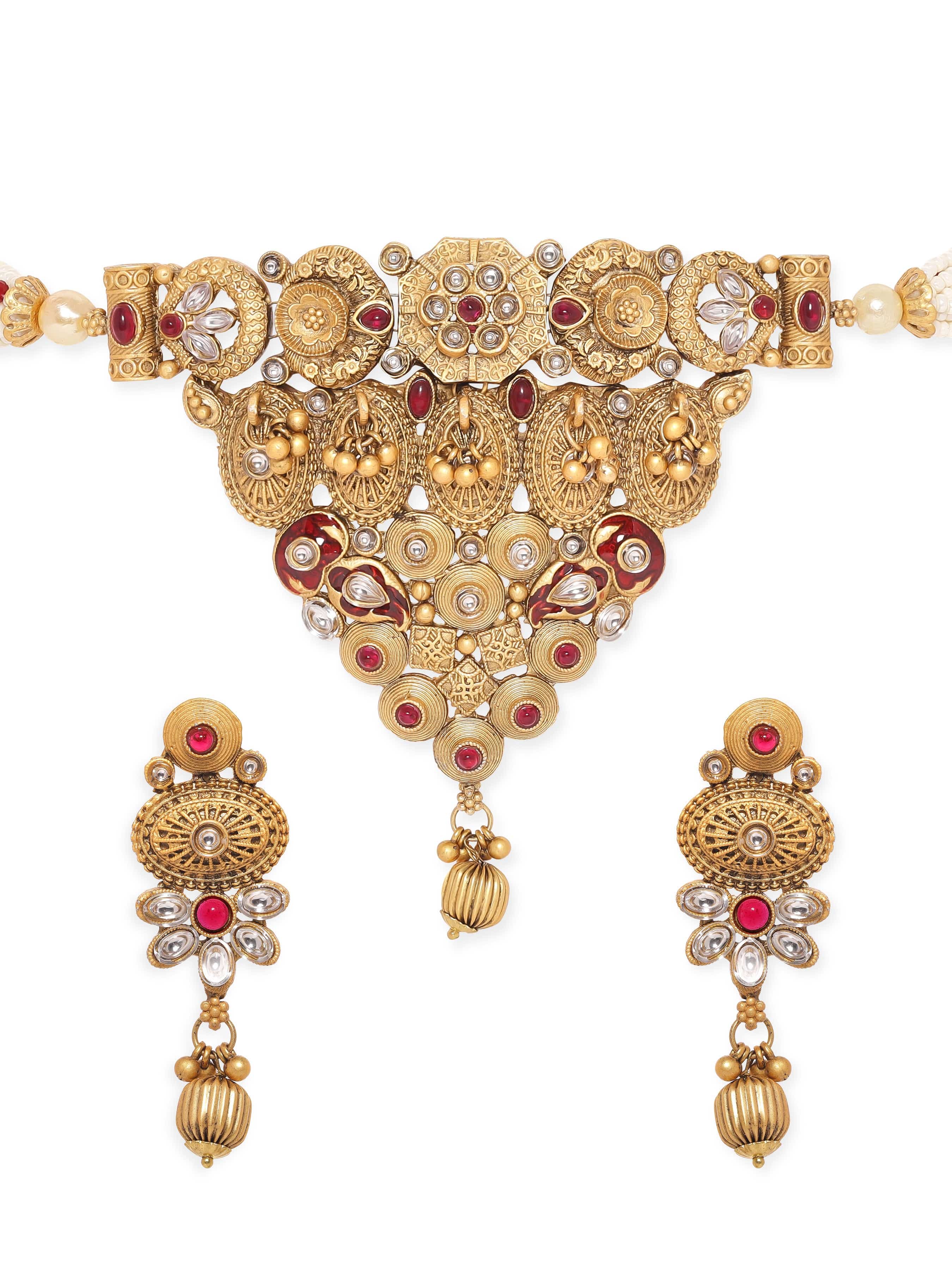 Golden Floral Pearl Beaded Choker Set