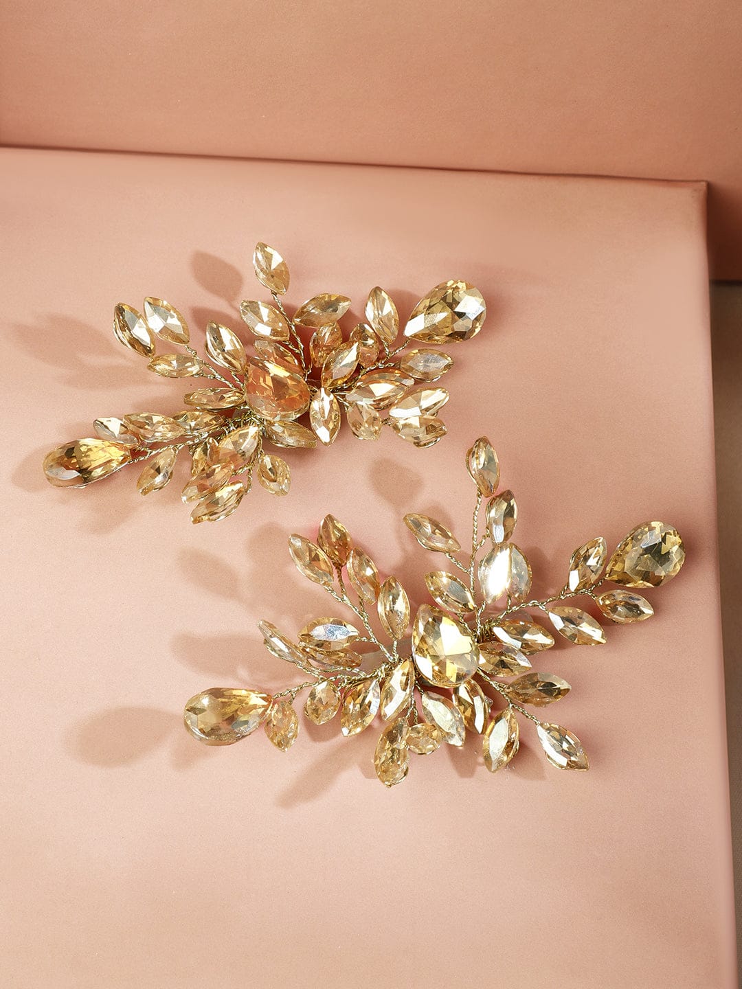Golden Crystal Leaf Side Hair Pin - Set of 2