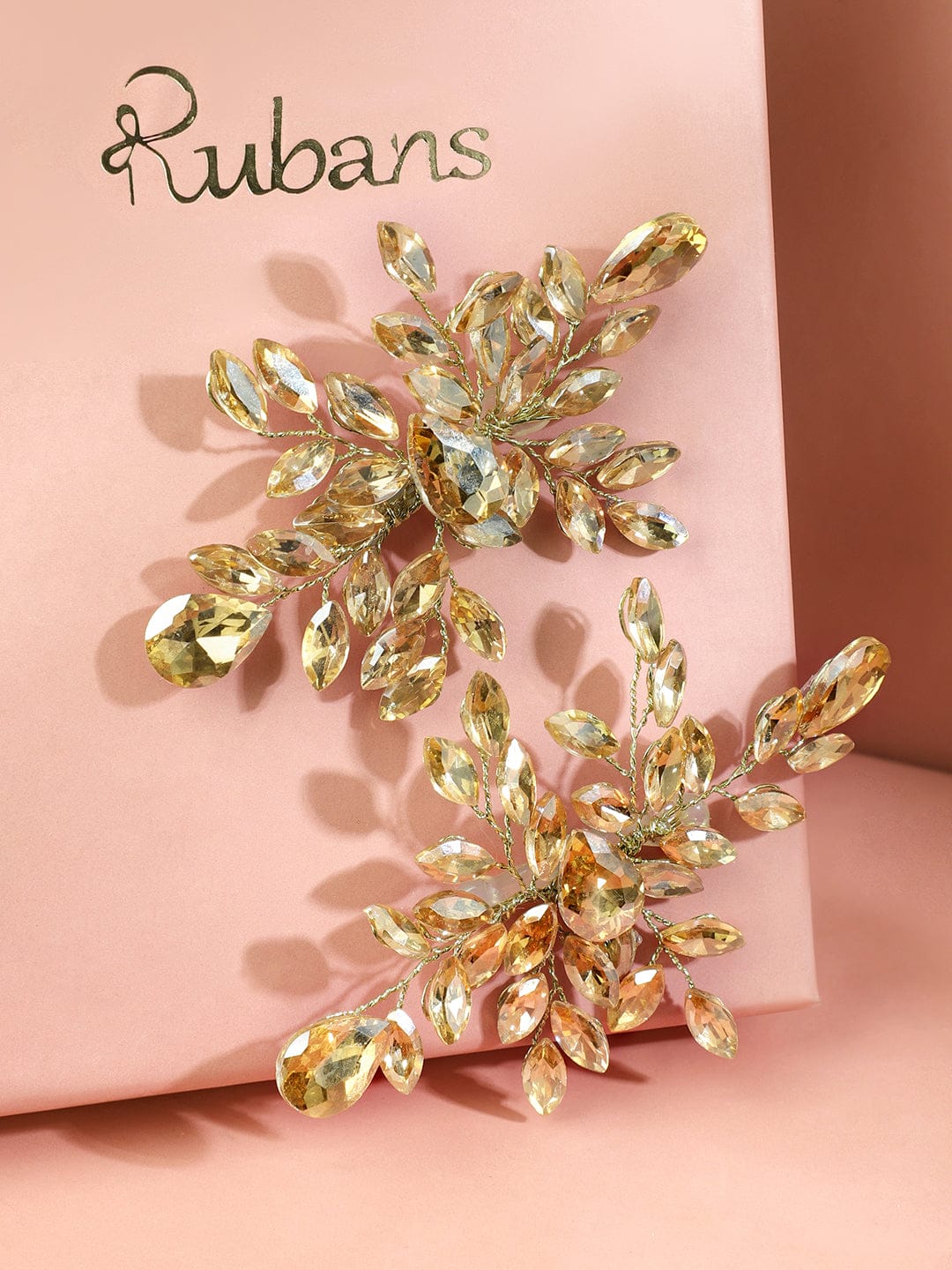 Golden Crystal Leaf Side Hair Pin - Set of 2