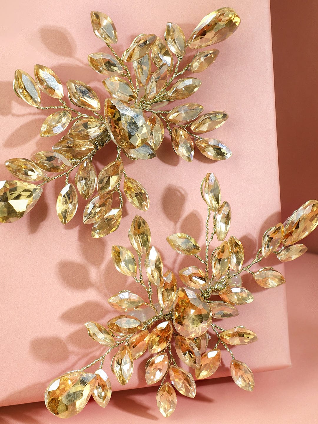 Golden Crystal Leaf Side Hair Pin - Set of 2