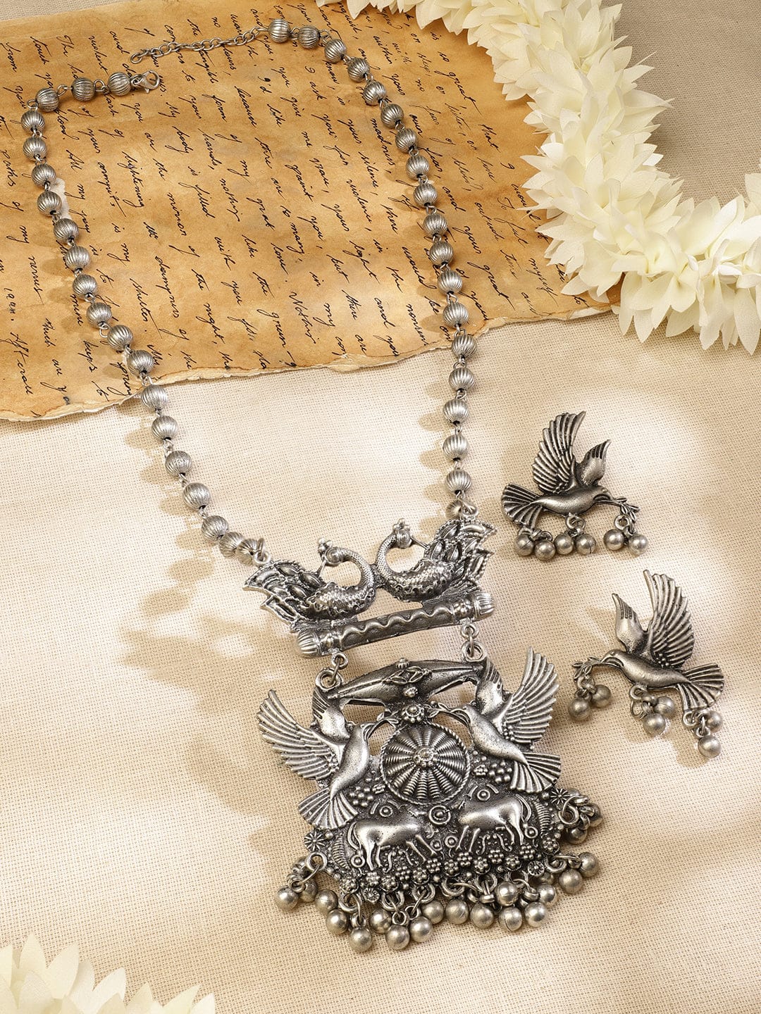 Oxidised Bird and Deer Motif Necklace Set