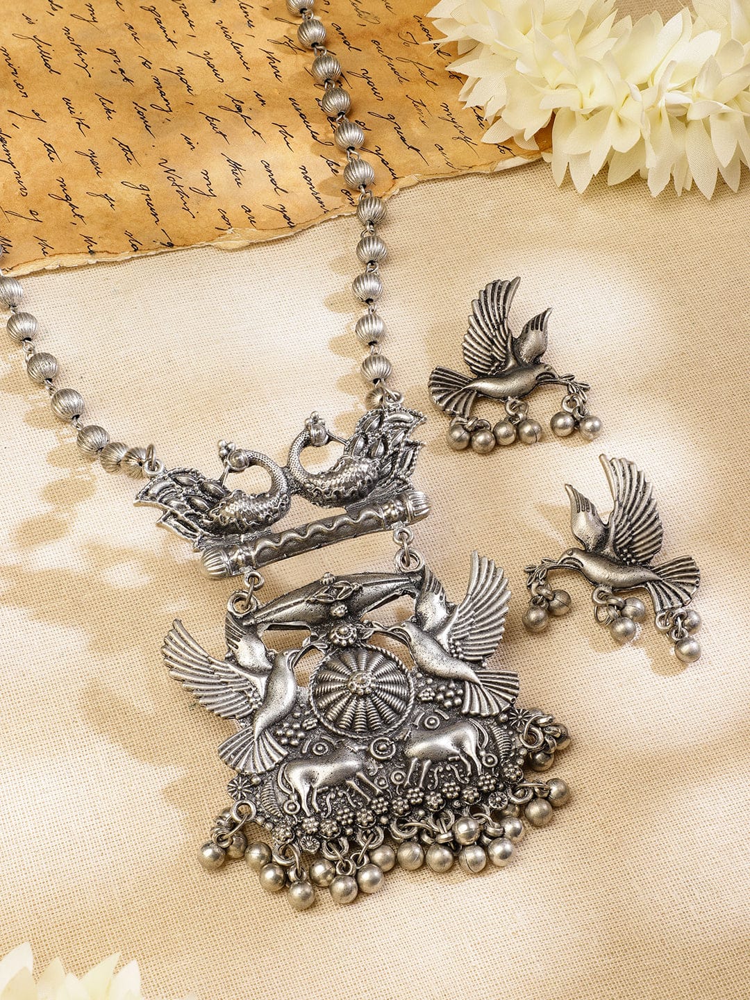 Oxidised Bird and Deer Motif Necklace Set