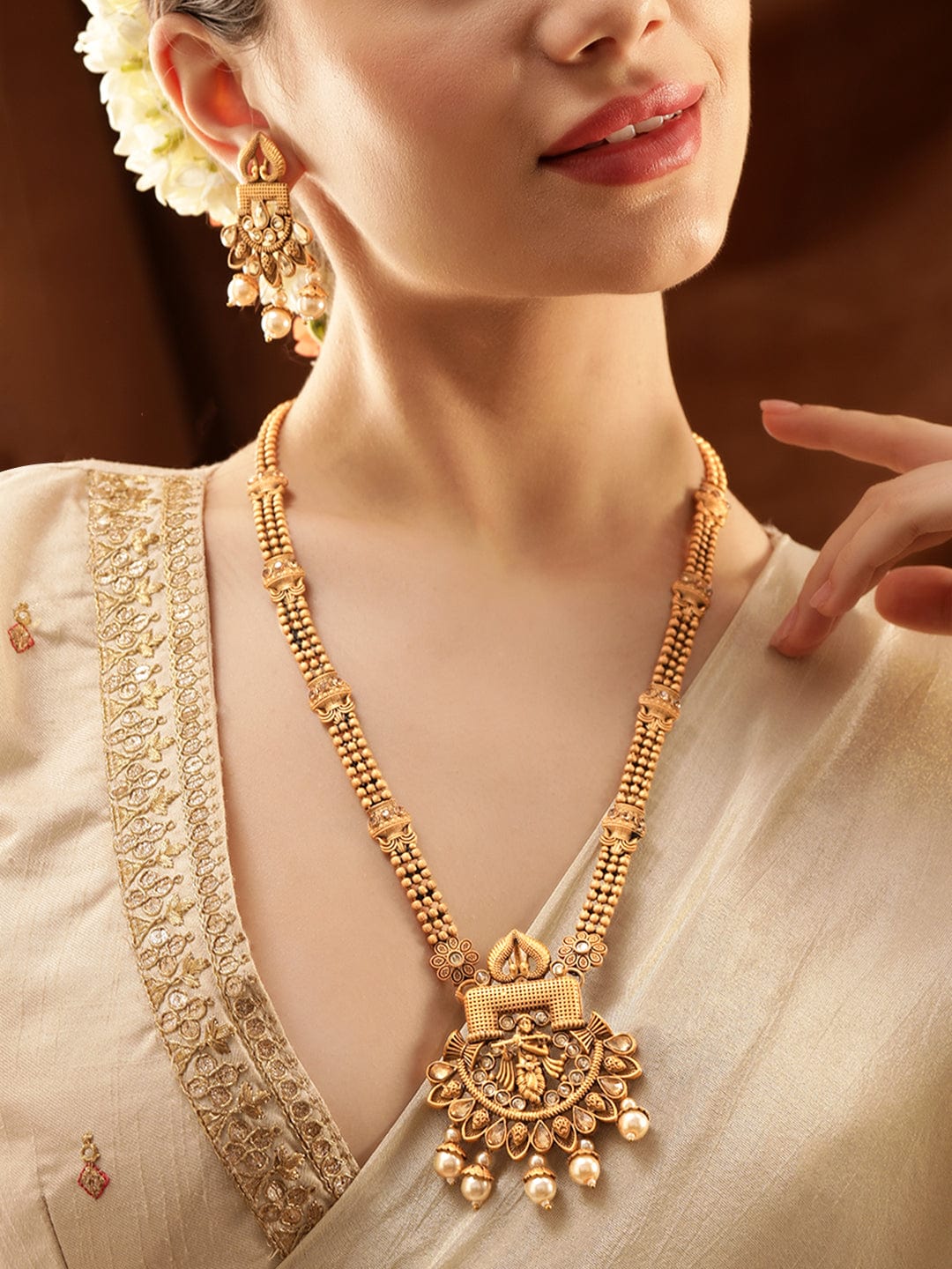 Long Pearl Drop Necklace Set with Krishna Motif