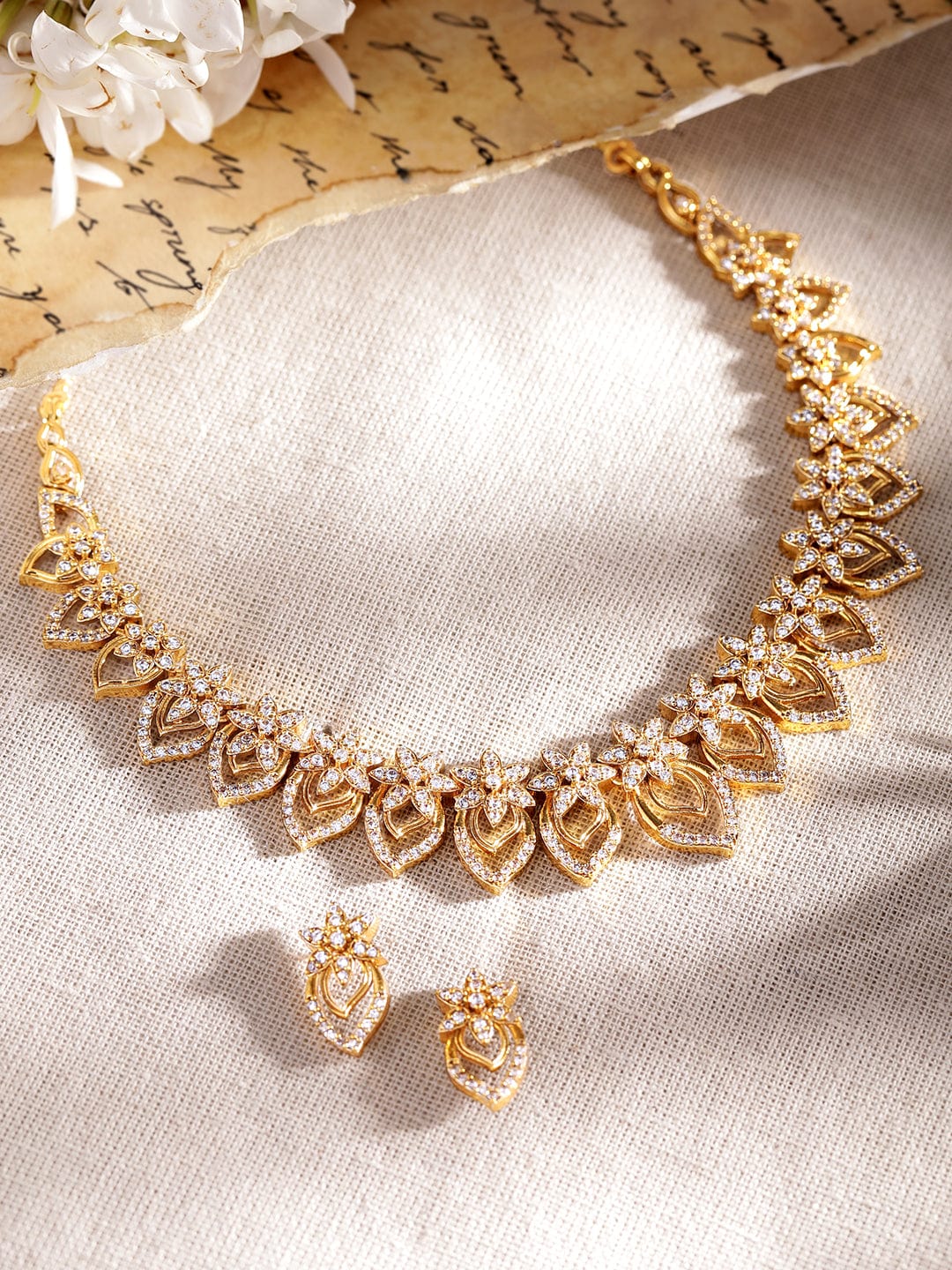 Floral American Diamond Zirconia Gold Necklace Set