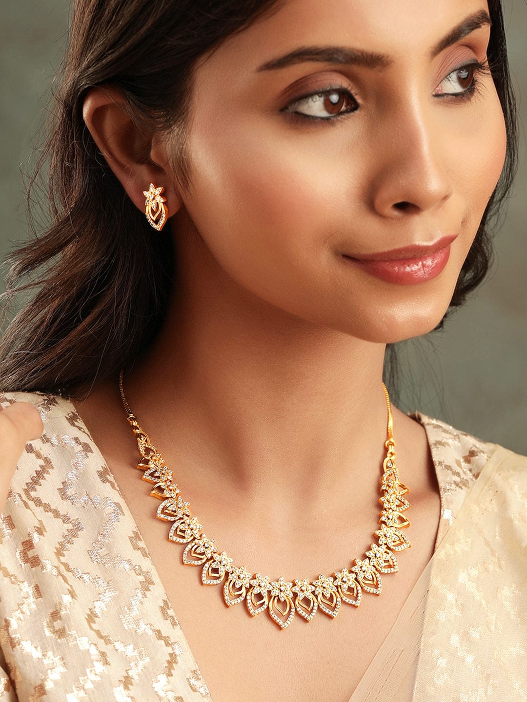 Floral American Diamond Zirconia Gold Necklace Set