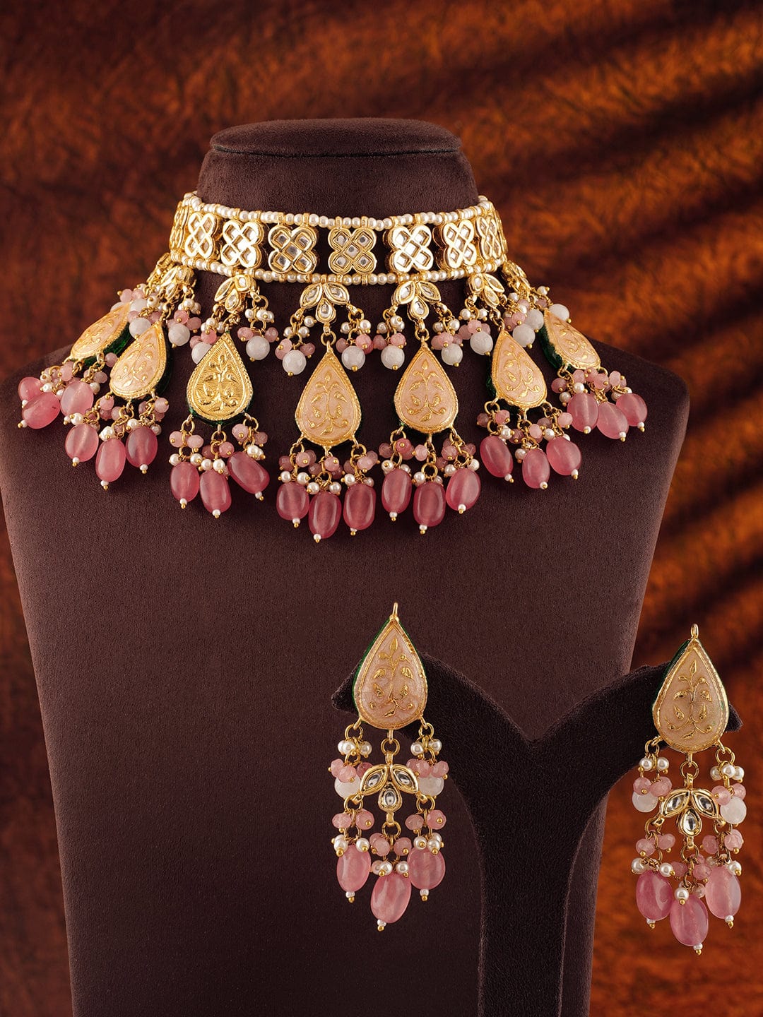 Wentra Luxury 24K Gold Plated Handcrafted Pink Enamel & Pachi Kundan with Pearls Beaded Necklace Set
