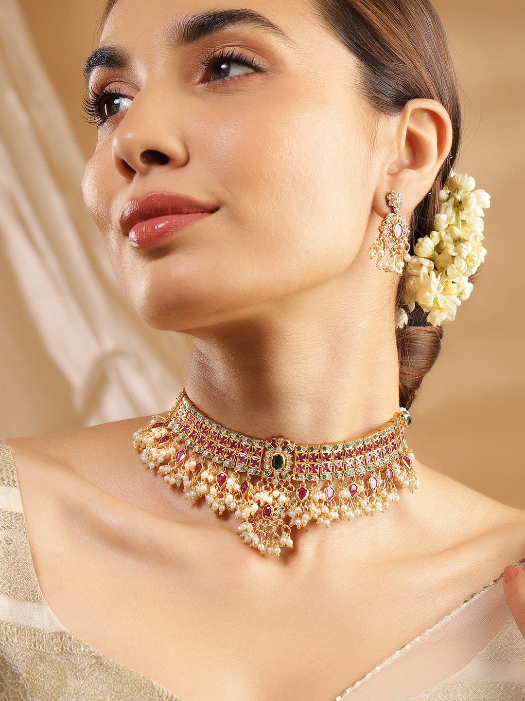 Wentra Luxury 24K Gold Plated Handcrafted Ruby stone & Gold Pearls Studded Choker Set