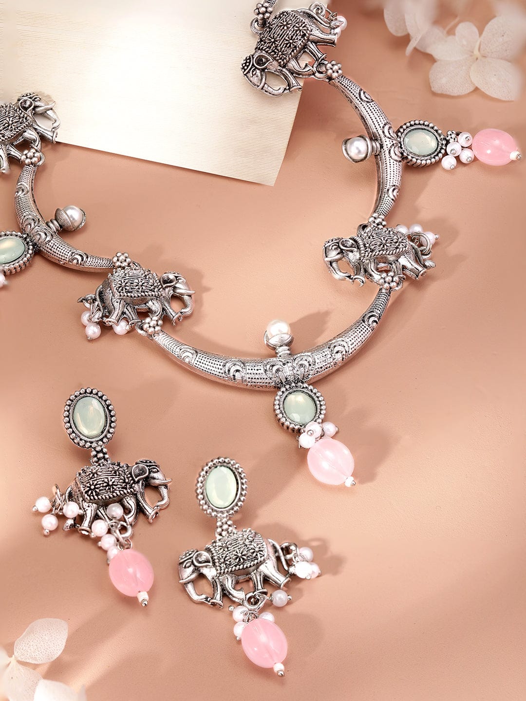 Elephant Motif Pink & Green Necklace Set