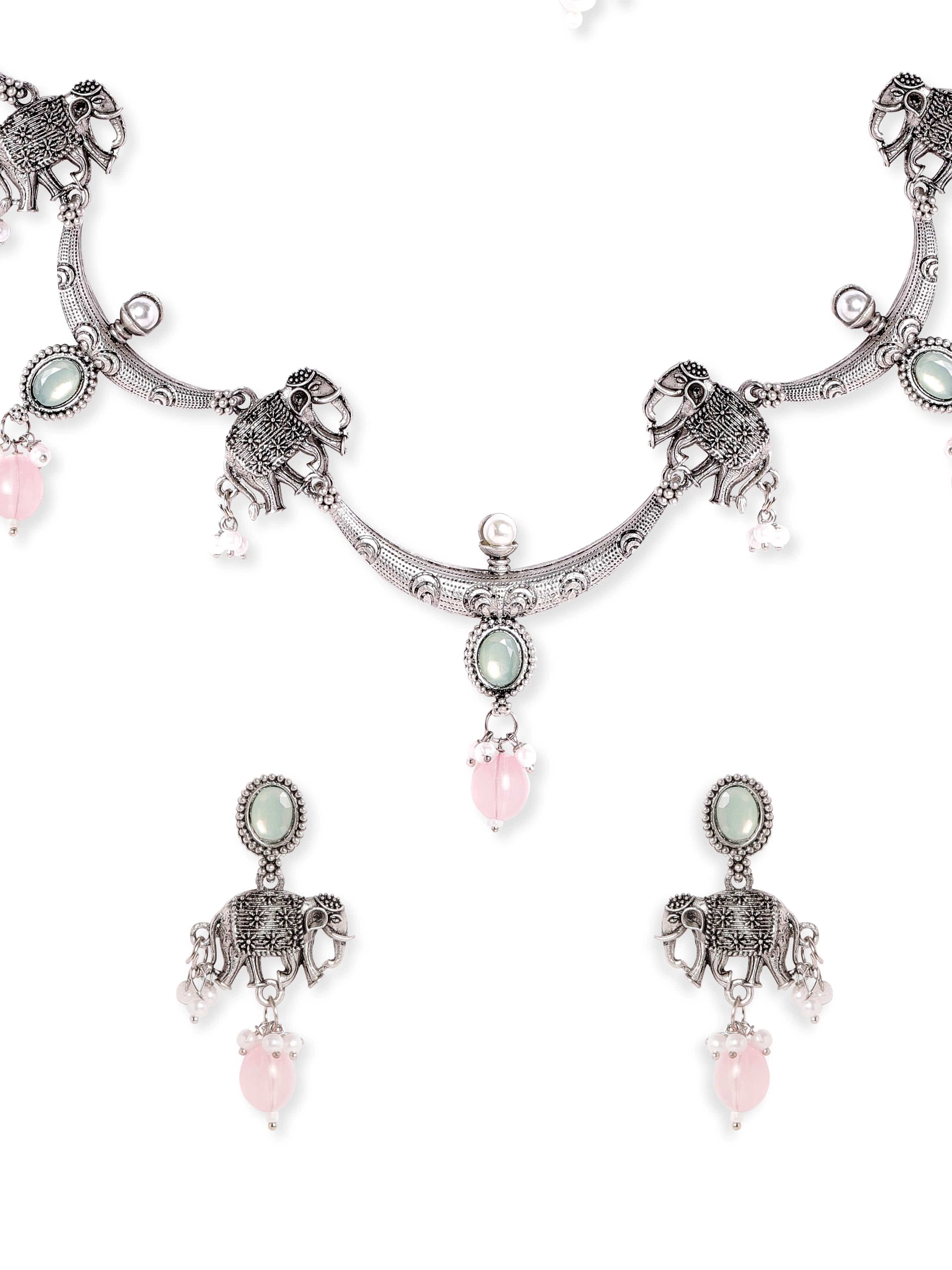 Elephant Motif Pink & Green Necklace Set
