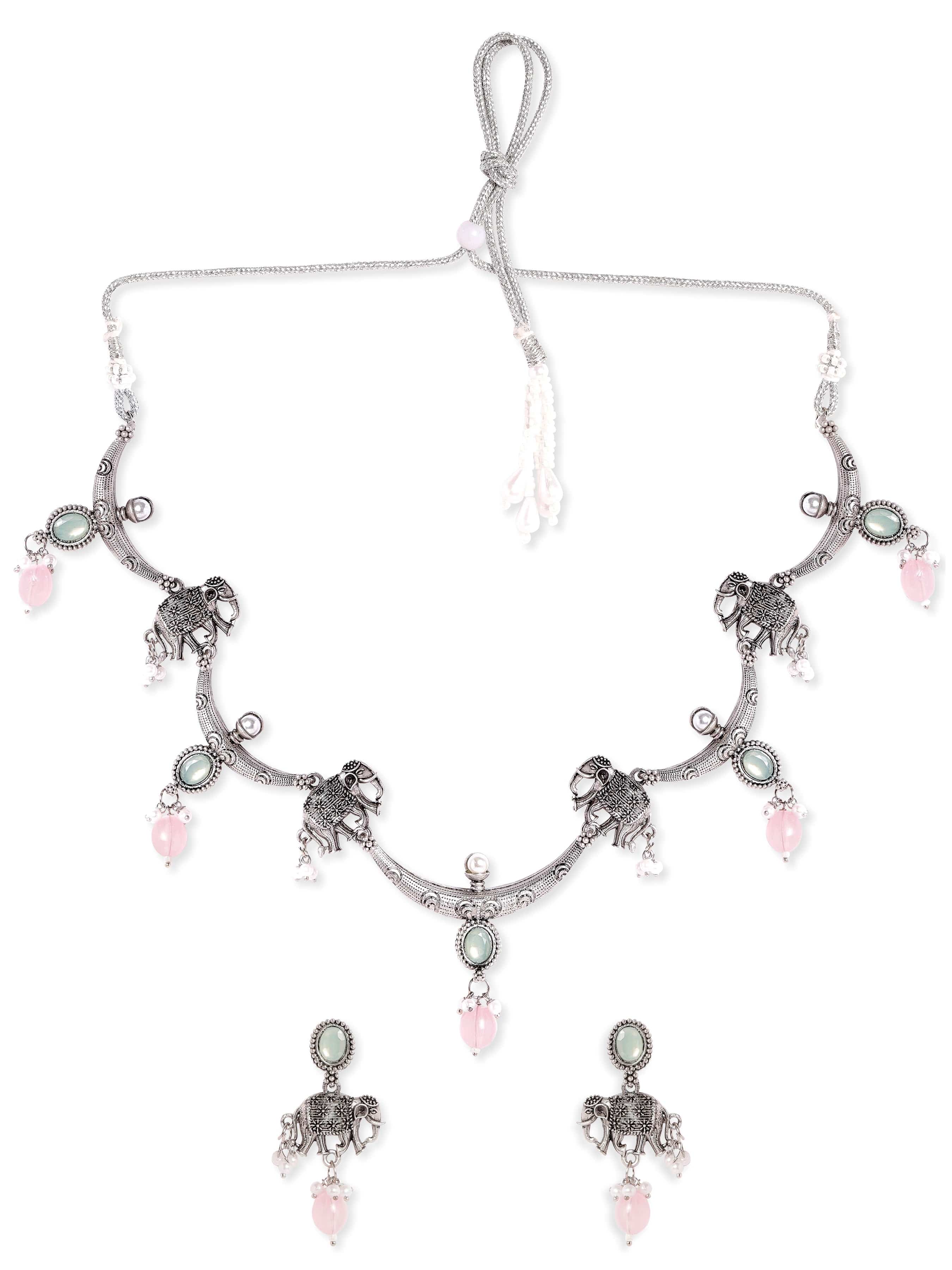 Elephant Motif Pink & Green Necklace Set