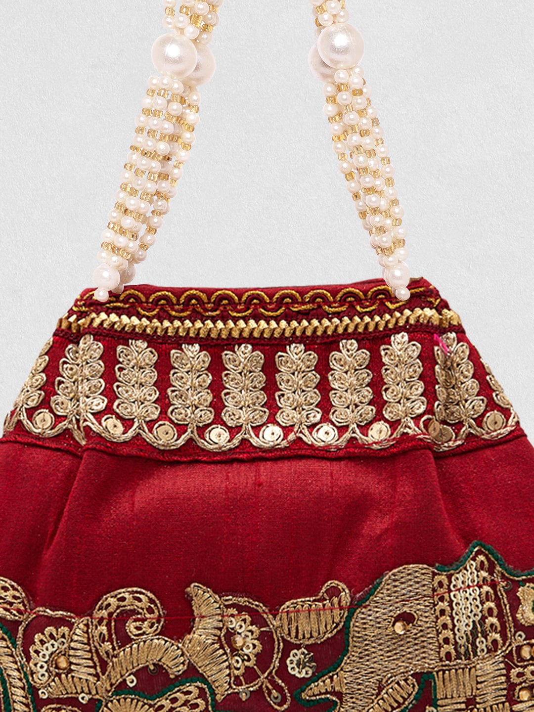 Wentra Maroon Coloured Potli Handbag With Silver Embroidery And Pearls