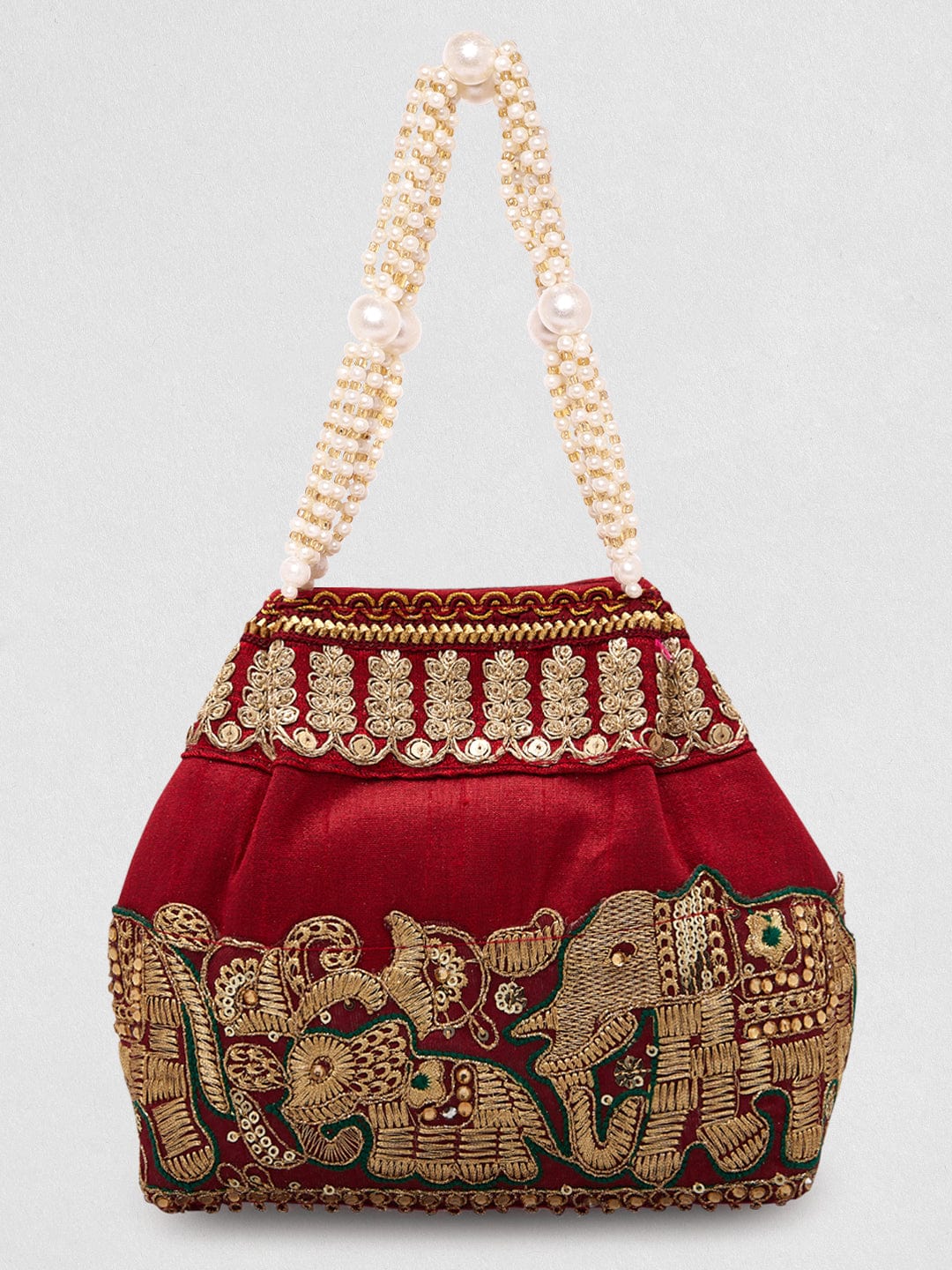 Wentra Maroon Coloured Potli Handbag With Silver Embroidery And Pearls