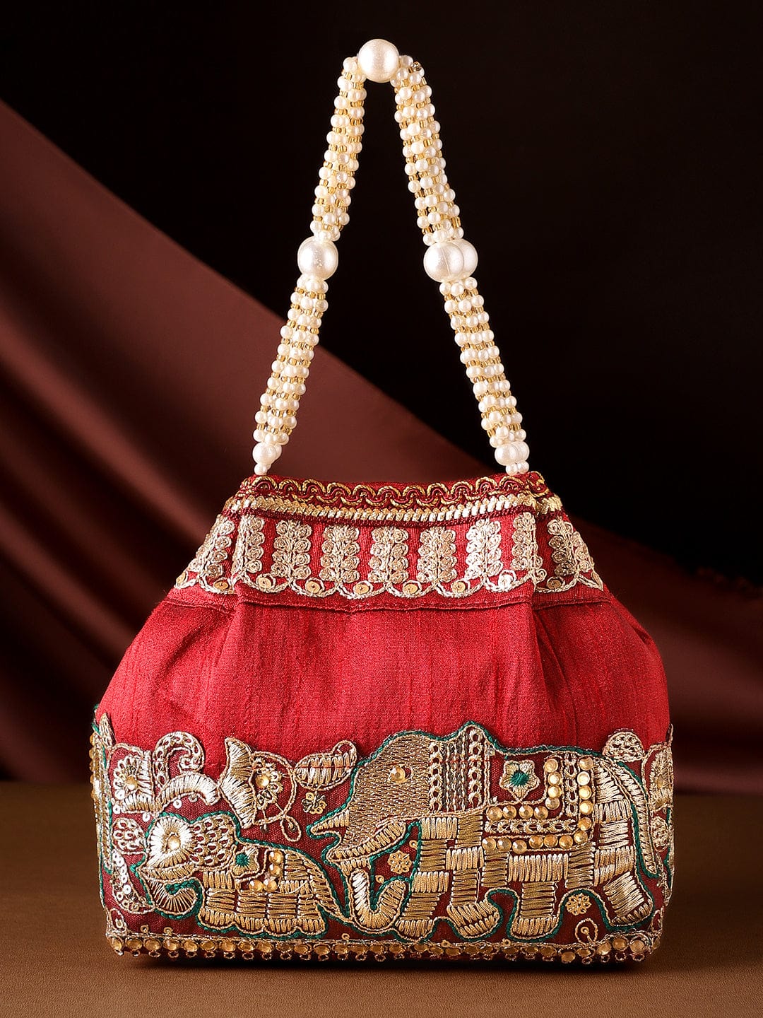 Wentra Maroon Coloured Potli Handbag With Silver Embroidery And Pearls
