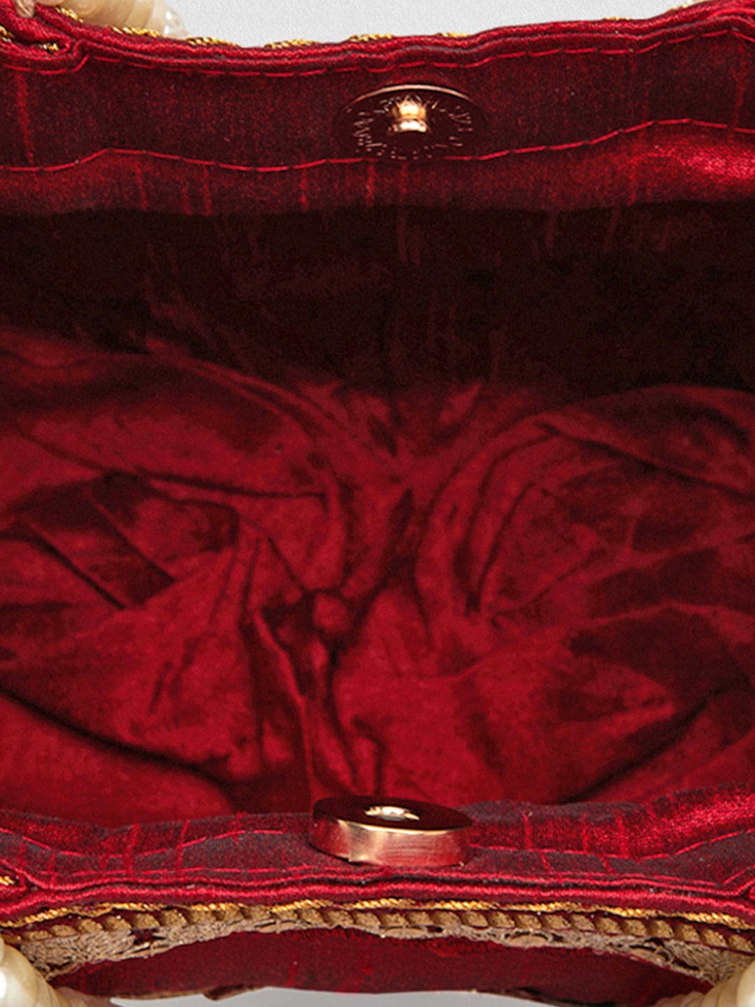 Wentra Maroon Coloured Potli Handbag With Silver Embroidery And Pearls