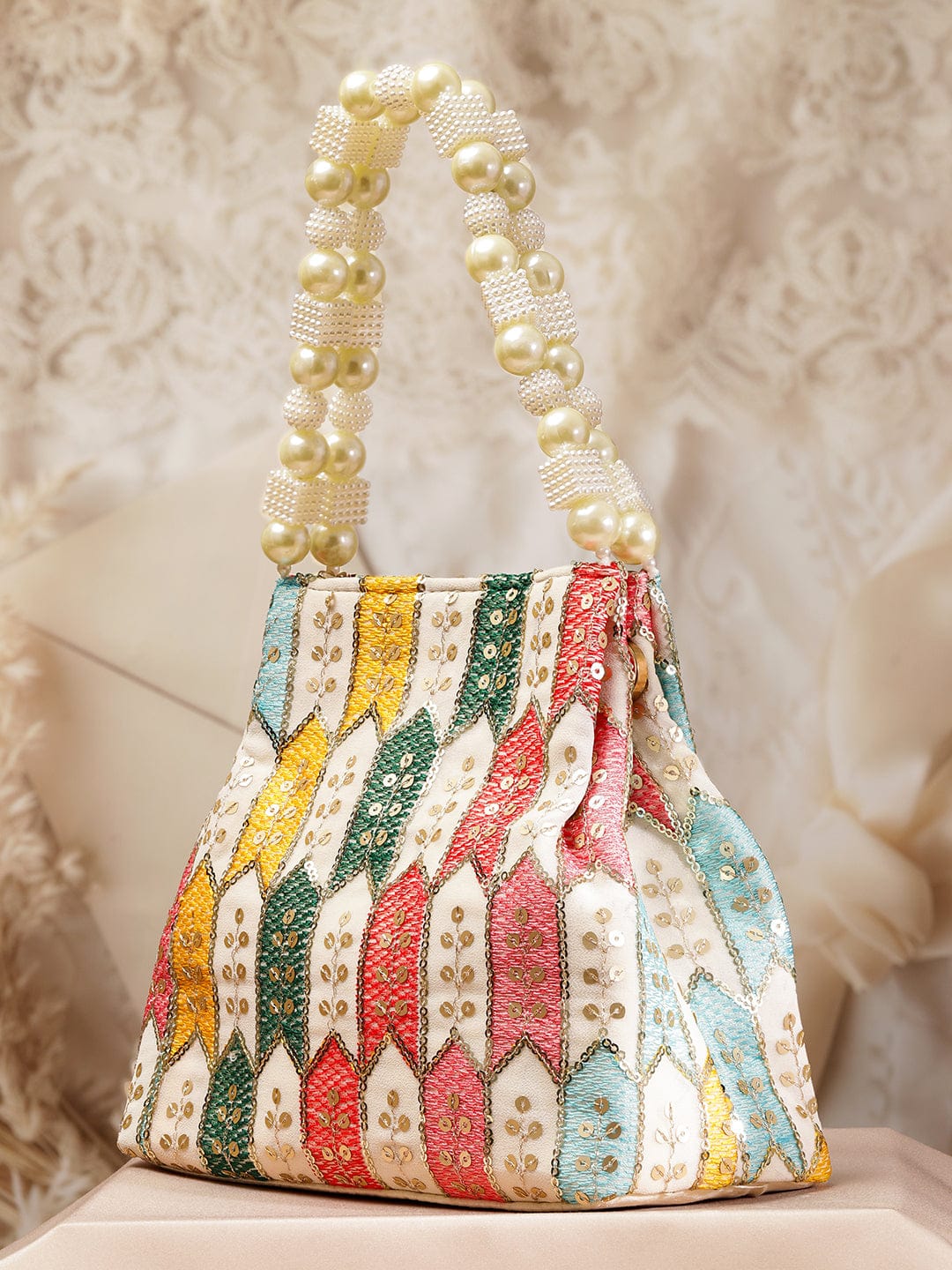 Wentra Multicolour Embroidered Potli Bag with Pearl Beaded Handle on Cream Base