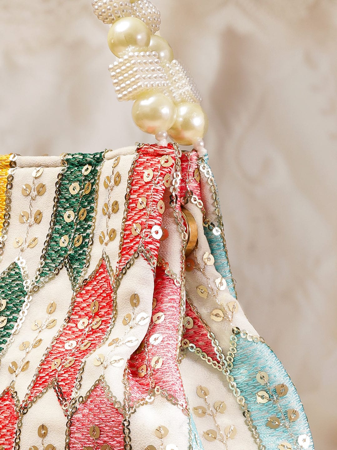 Wentra Multicolour Embroidered Potli Bag with Pearl Beaded Handle on Cream Base
