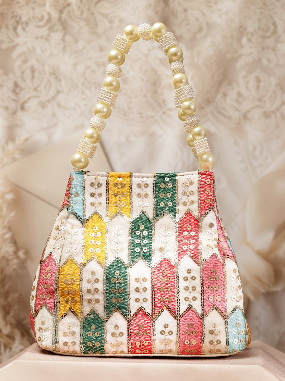 Wentra Multicolour Embroidered Potli Bag with Pearl Beaded Handle on Cream Base