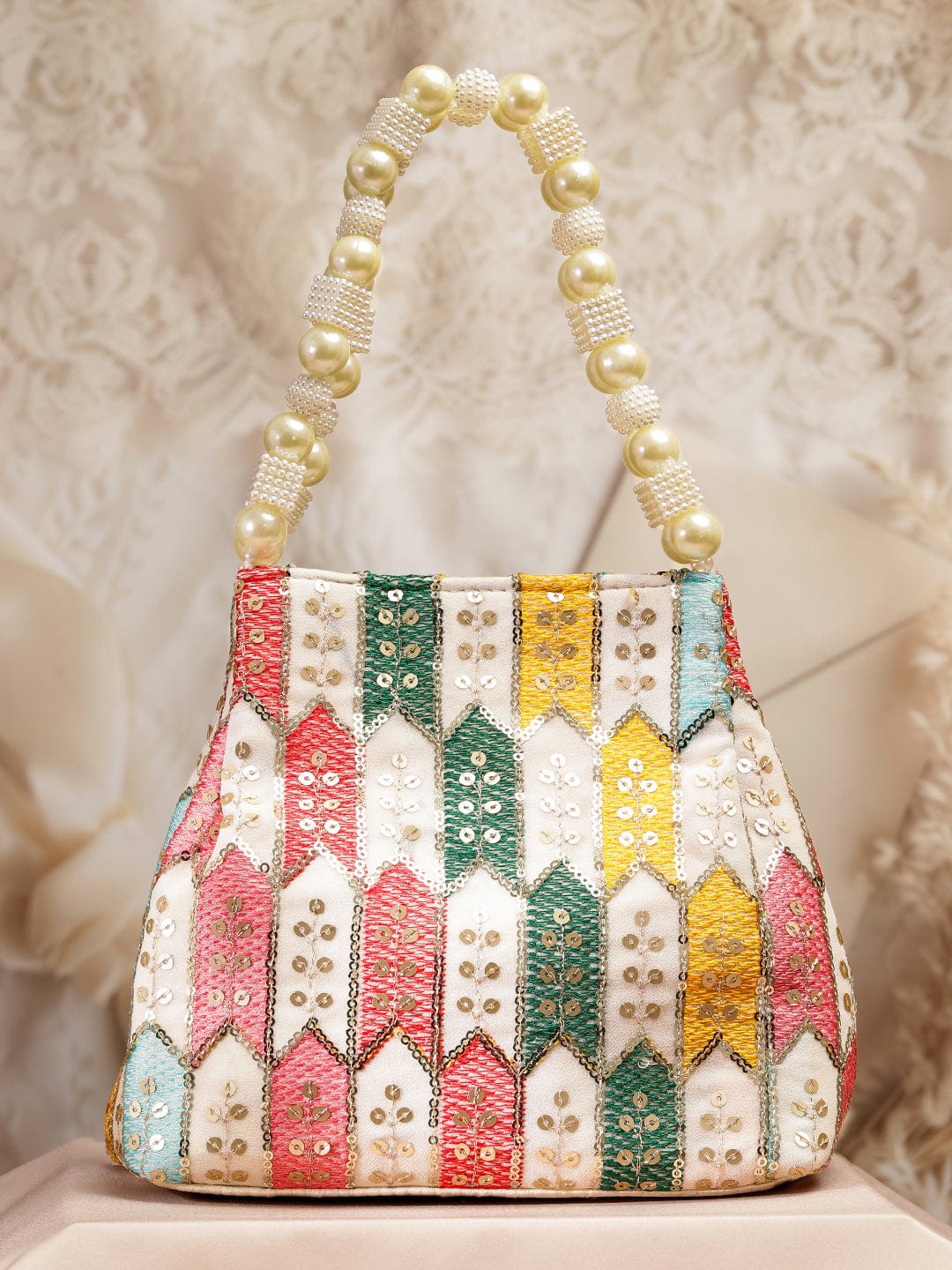 Wentra Multicolour Embroidered Potli Bag with Pearl Beaded Handle on Cream Base