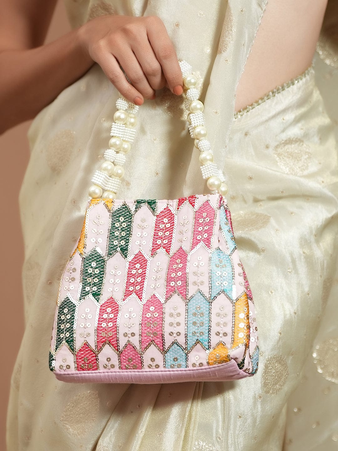 Wentra Multicolour Embroidered Potli Bag with Pearl Beaded Handle on Light Pink Base