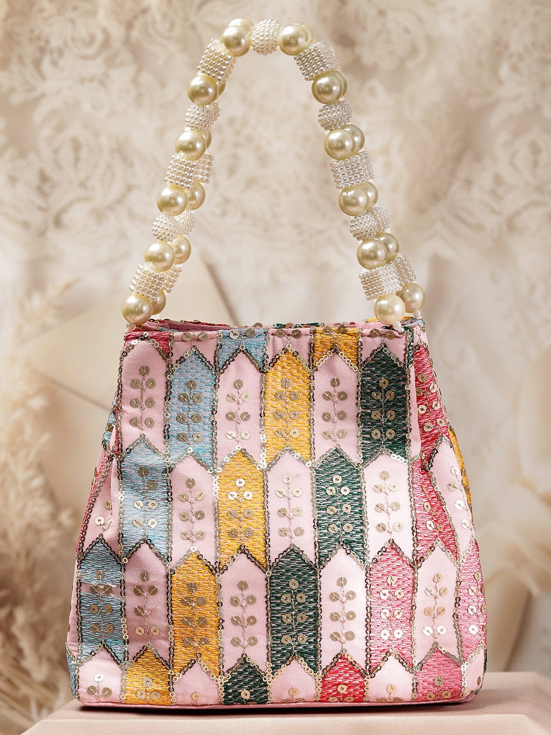 Wentra Multicolour Embroidered Potli Bag with Pearl Beaded Handle on Light Pink Base