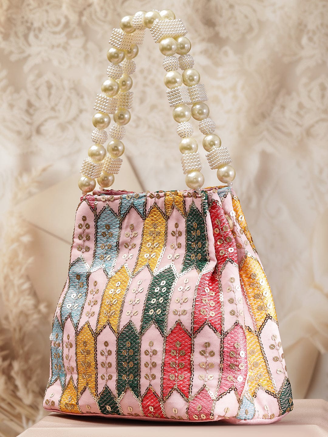 Wentra Multicolour Embroidered Potli Bag with Pearl Beaded Handle on Light Pink Base