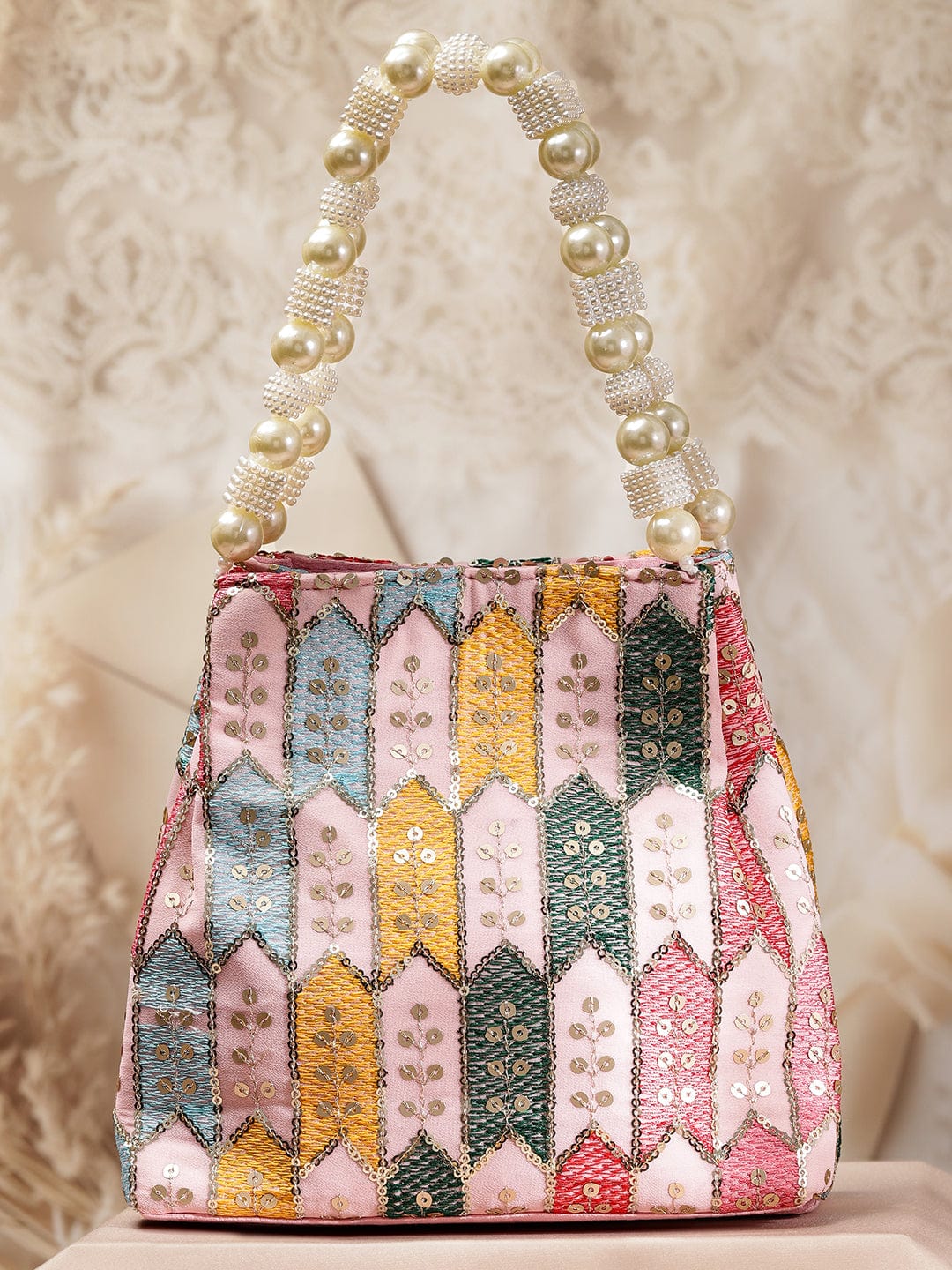 Wentra Multicolour Embroidered Potli Bag with Pearl Beaded Handle on Light Pink Base