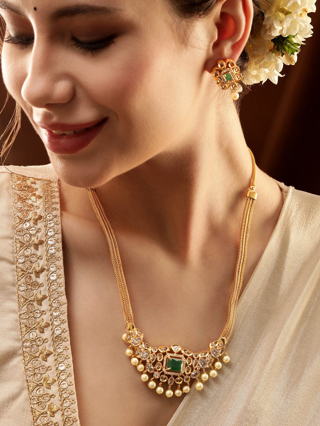 Green & White Pearl Beaded Necklace Set