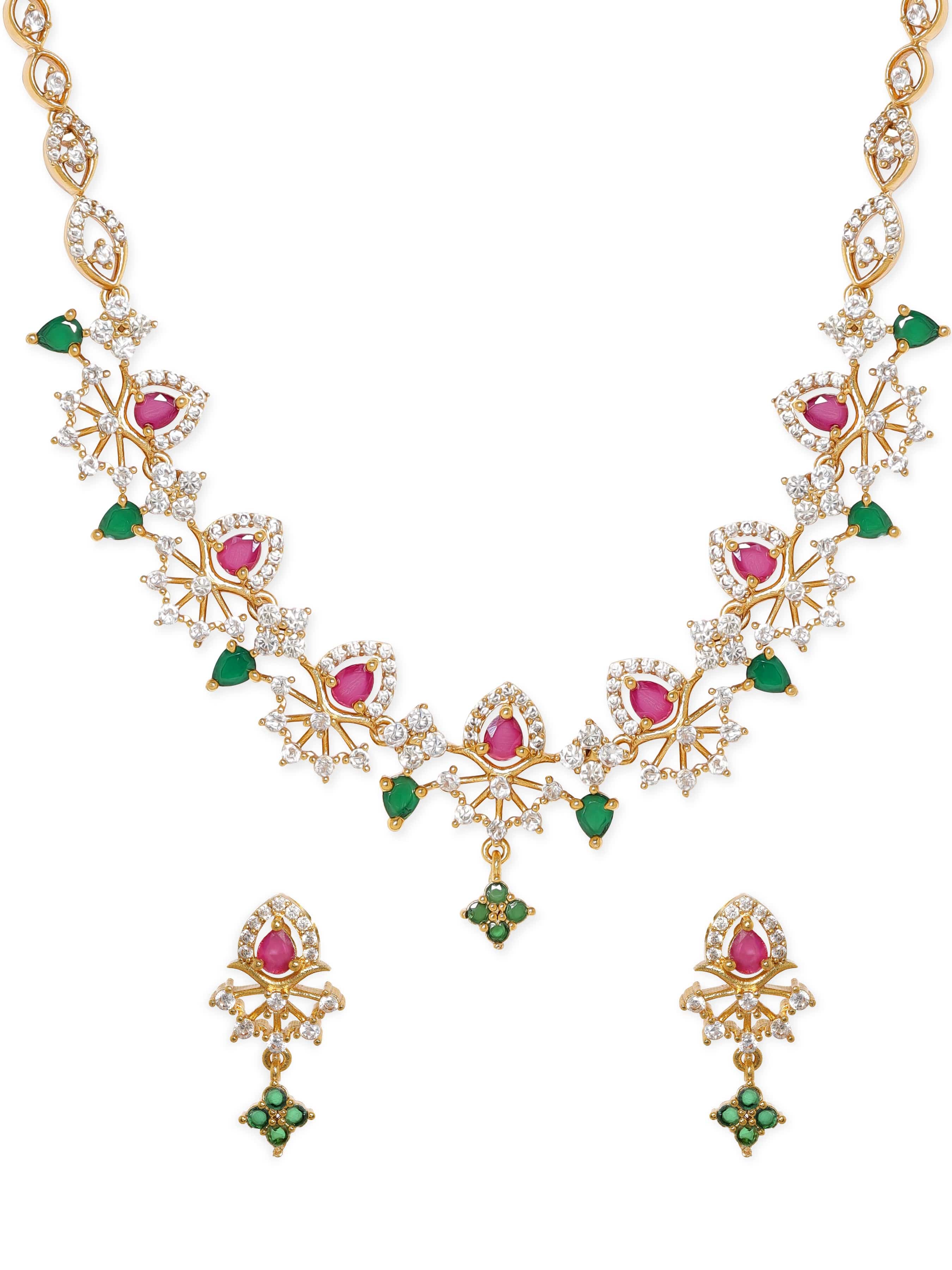 Red & Green American Diamond Zirconia Necklace Set