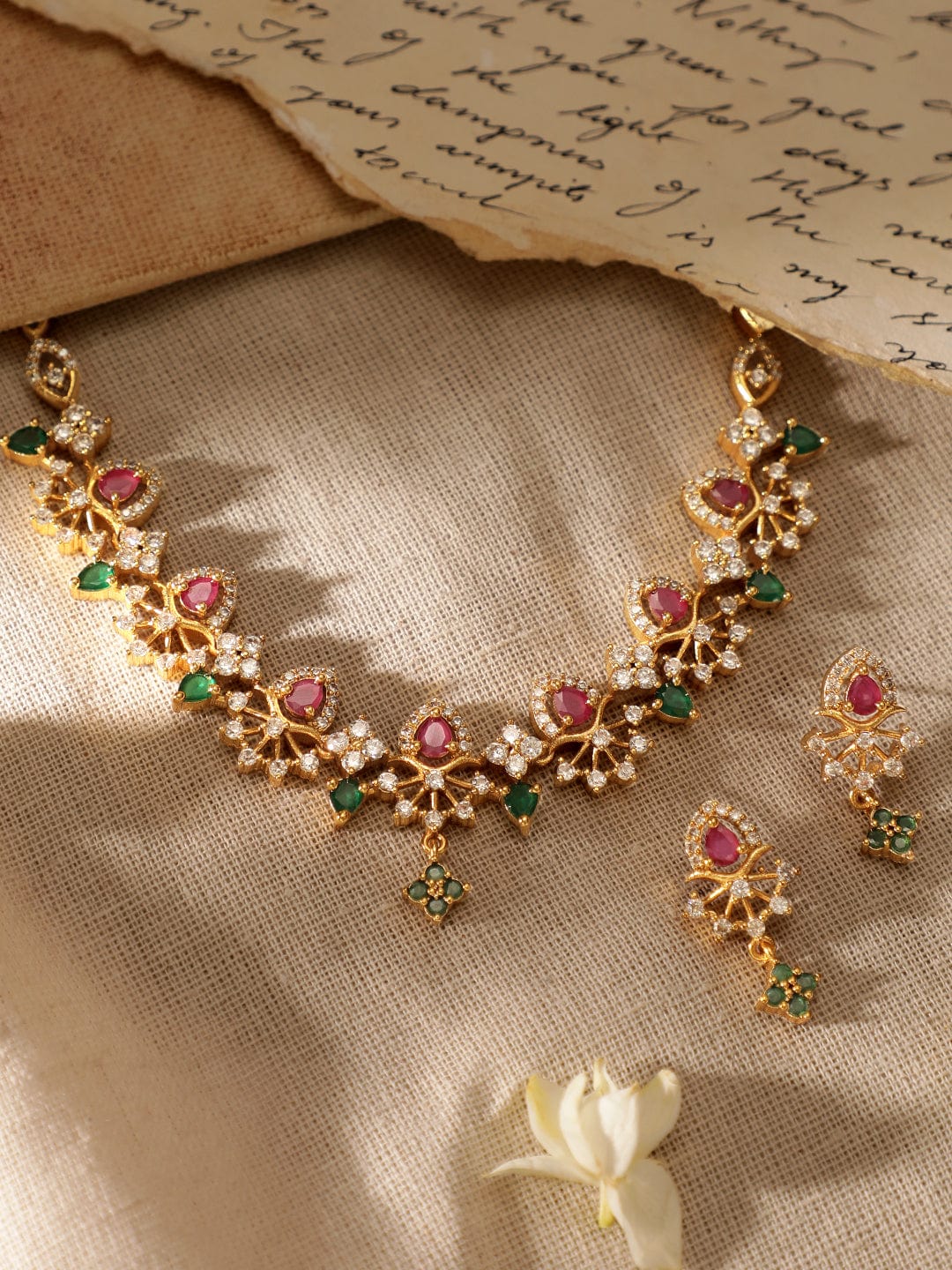 Red & Green American Diamond Zirconia Necklace Set