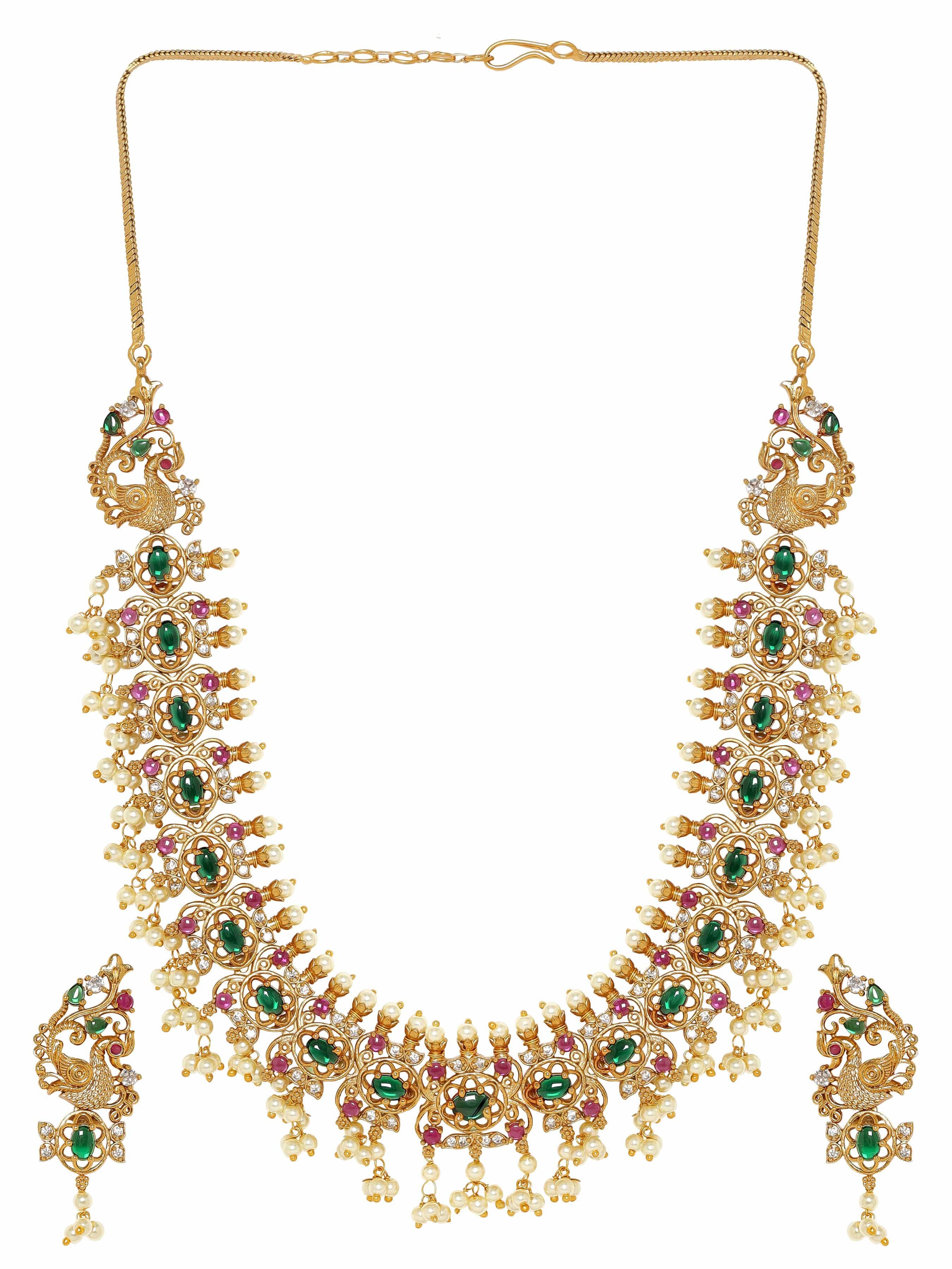 Pink & Green Studded Pearl Drop Necklace Set