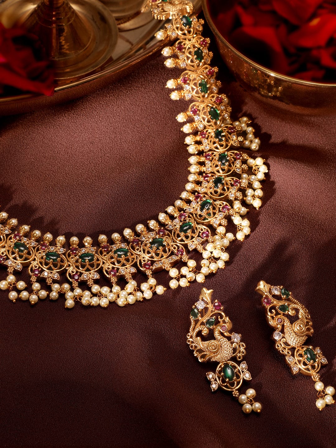 Pink & Green Studded Pearl Drop Necklace Set